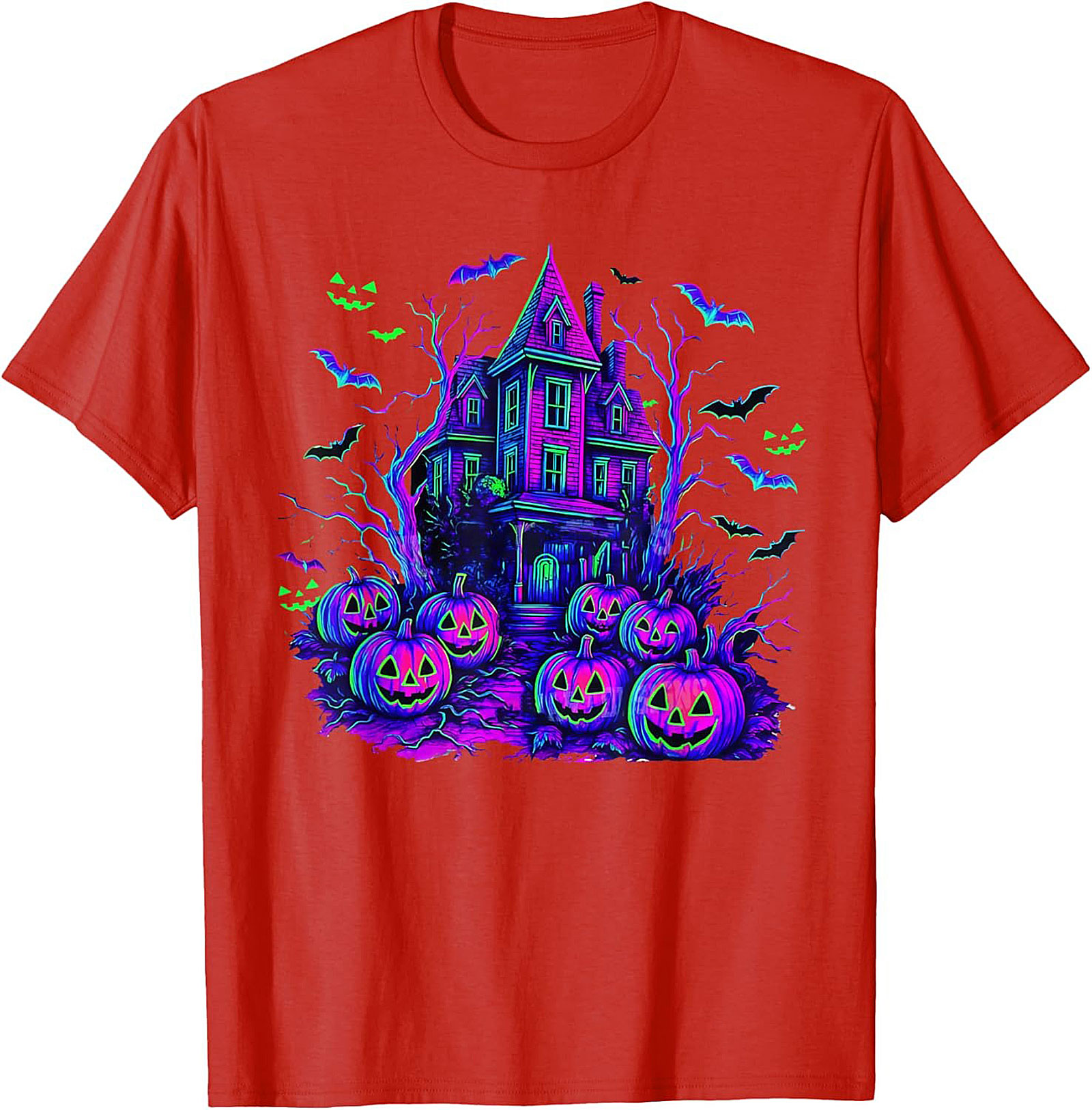 Neon Haunted House Graphic Tee | Spooky Retro Shirt