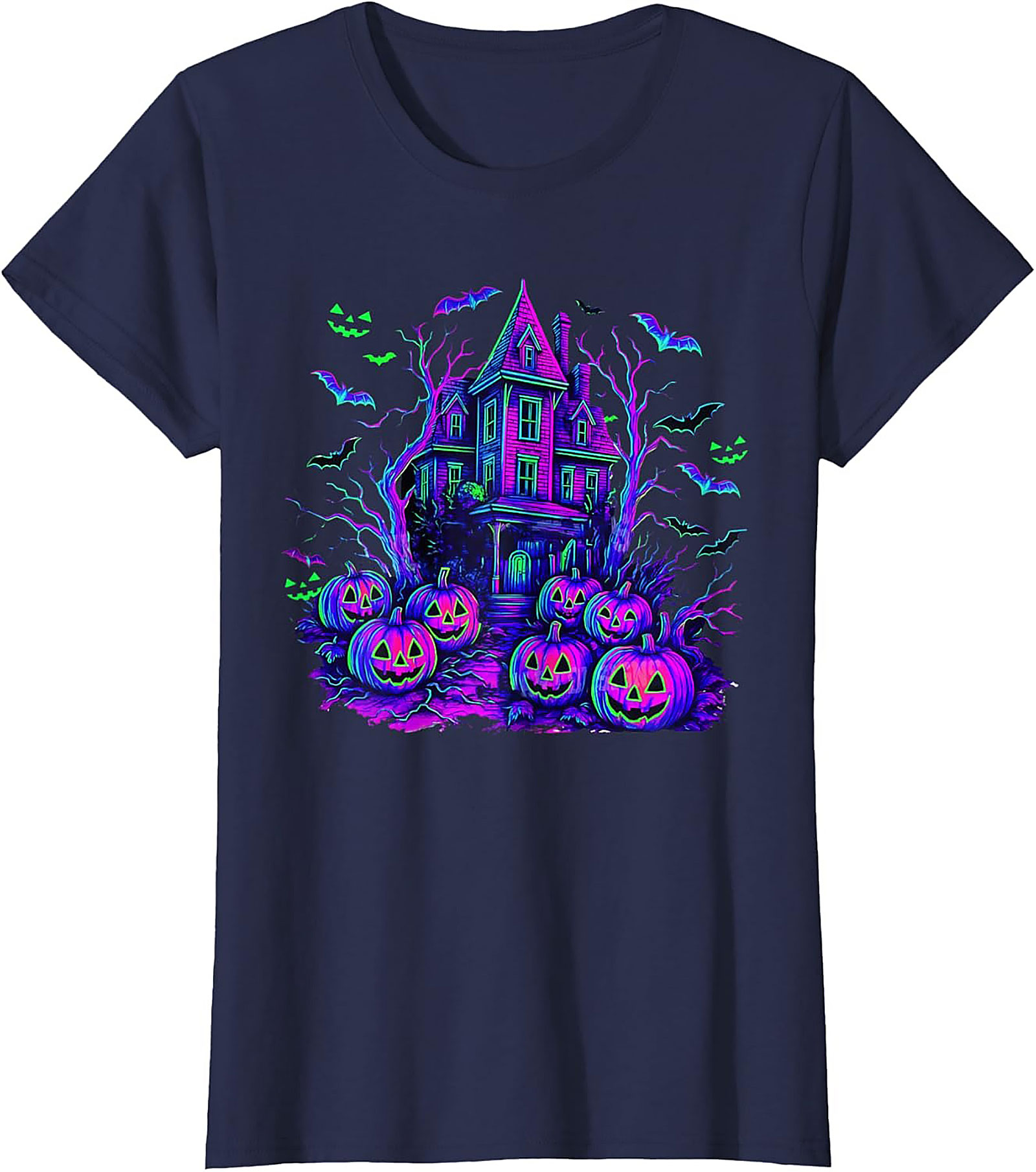 Neon Haunted House Graphic Tee | Spooky Retro Shirt