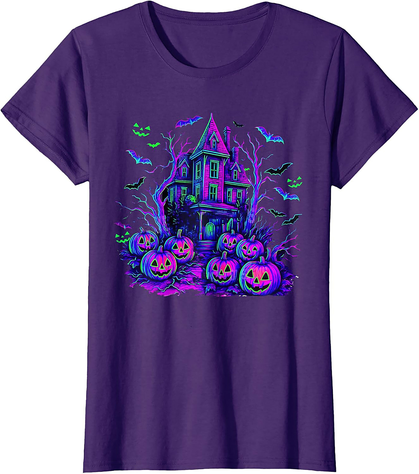 Neon Haunted House Graphic Tee | Spooky Retro Shirt
