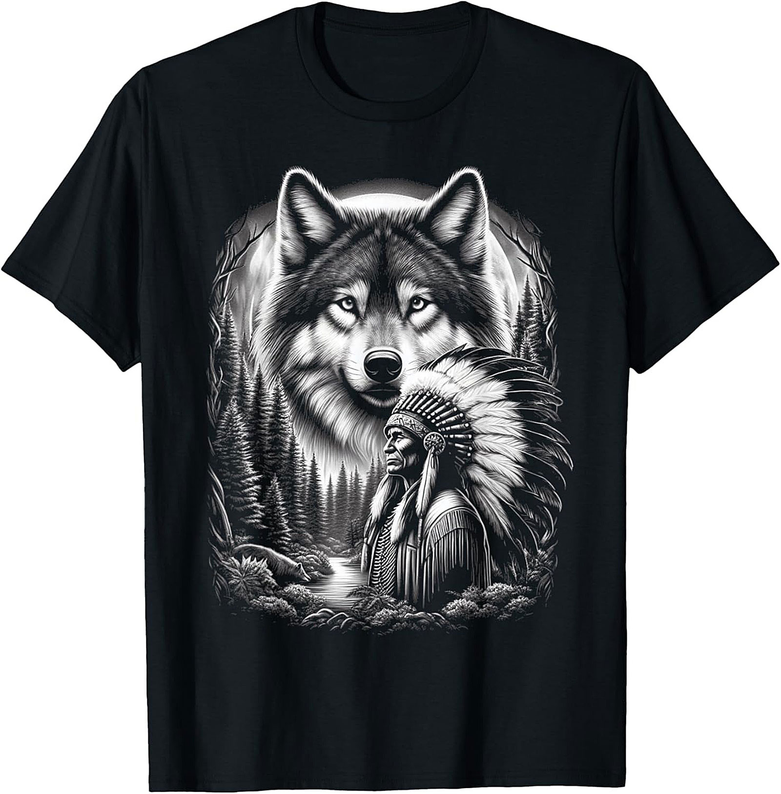 Native American Wolf T-shirt Indigenous Chief Graphic Tee
