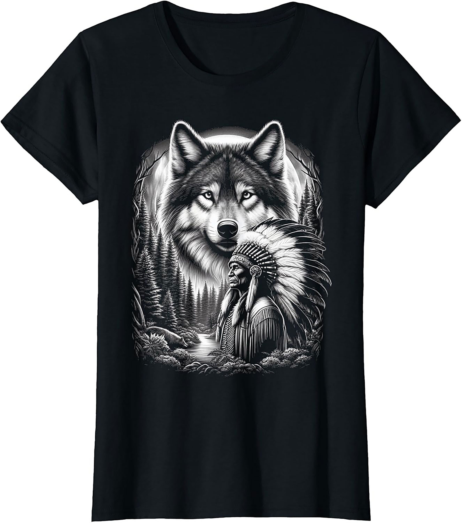Native American Wolf T-shirt Indigenous Chief Graphic Tee