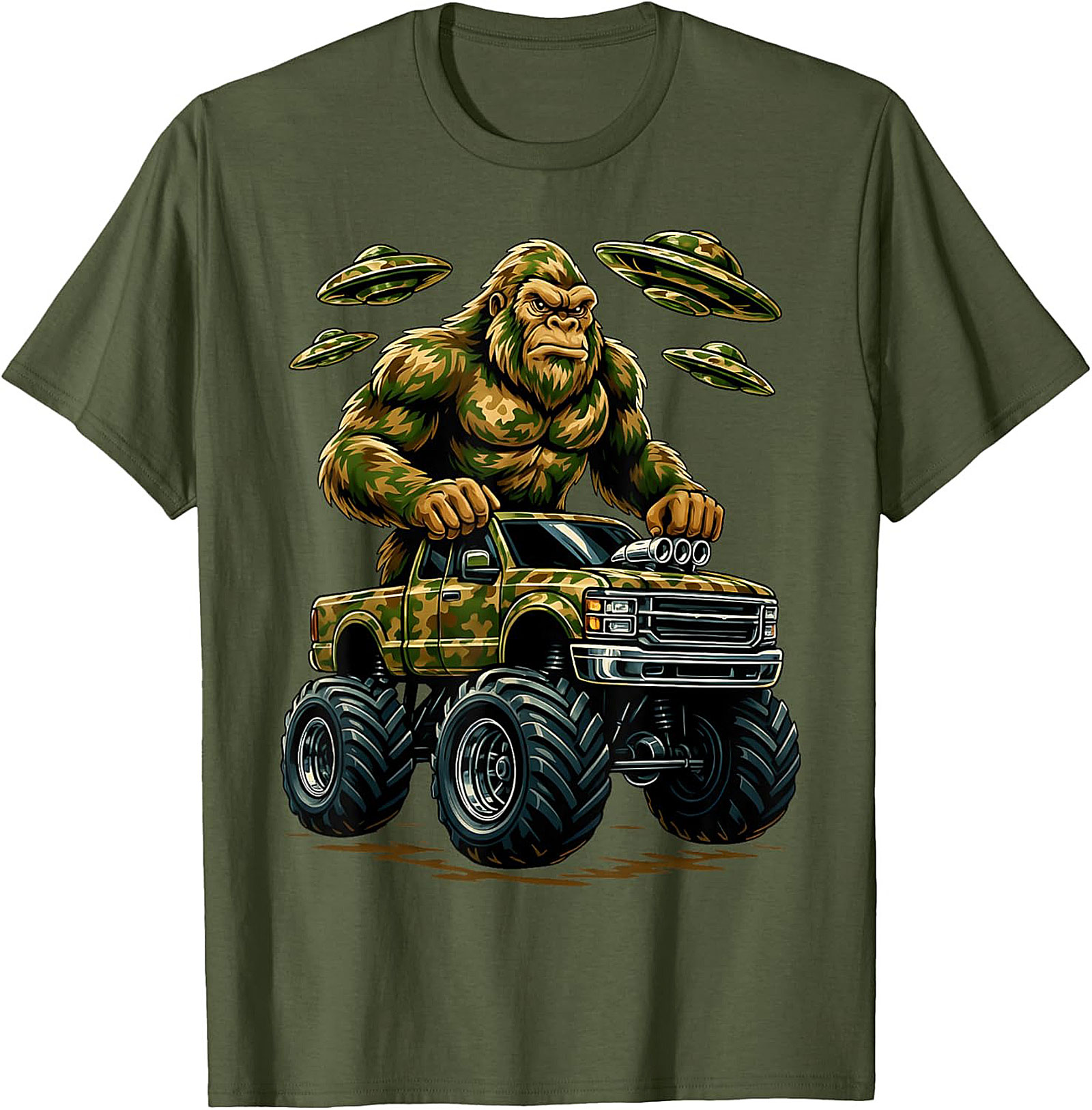 Bigfoot Monster Truck Alien Invasion Graphic Tee | Funny Sasquatch Unisex Tee