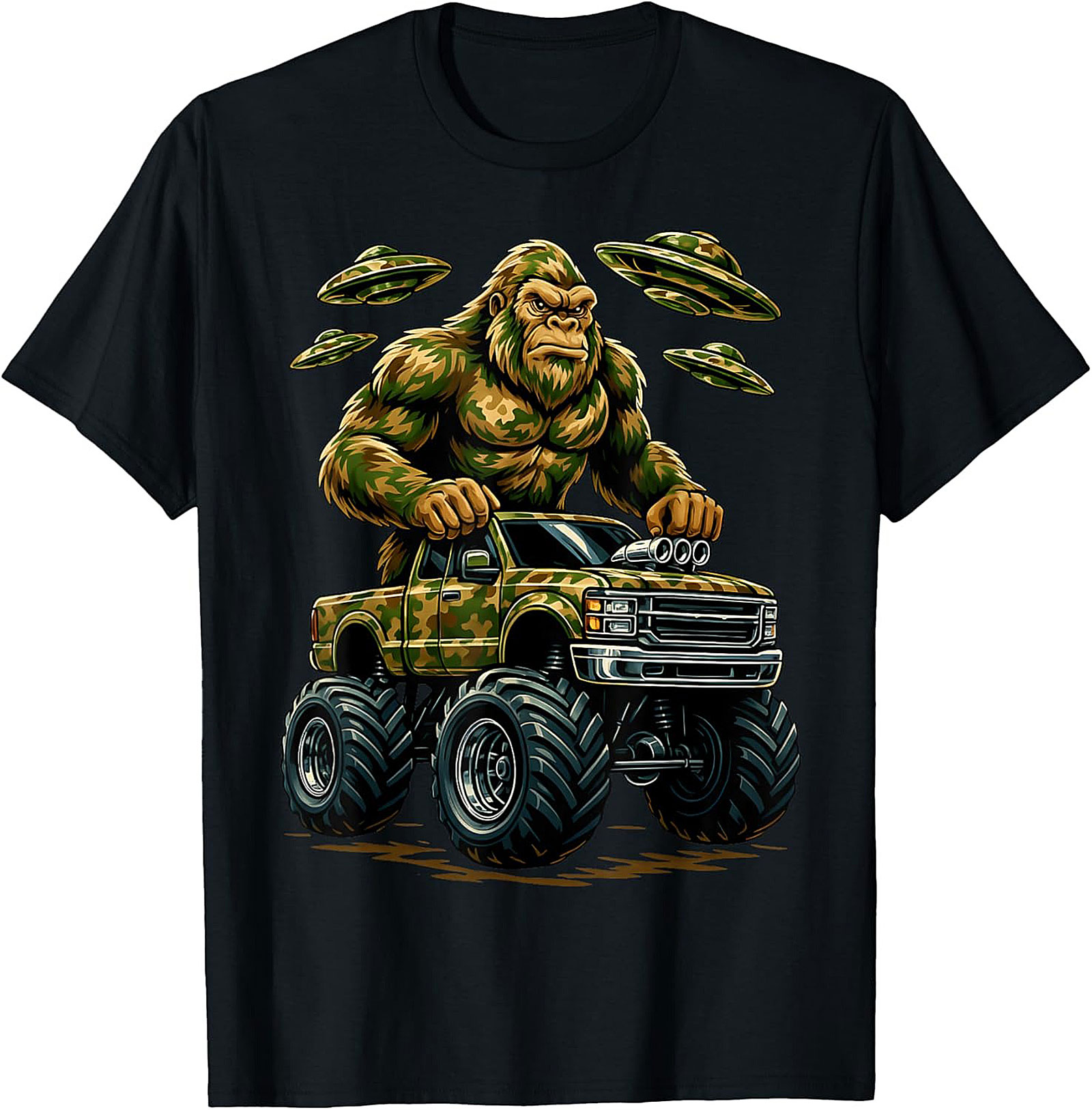 Bigfoot Monster Truck Alien Invasion Graphic Tee | Funny Sasquatch Unisex Tee