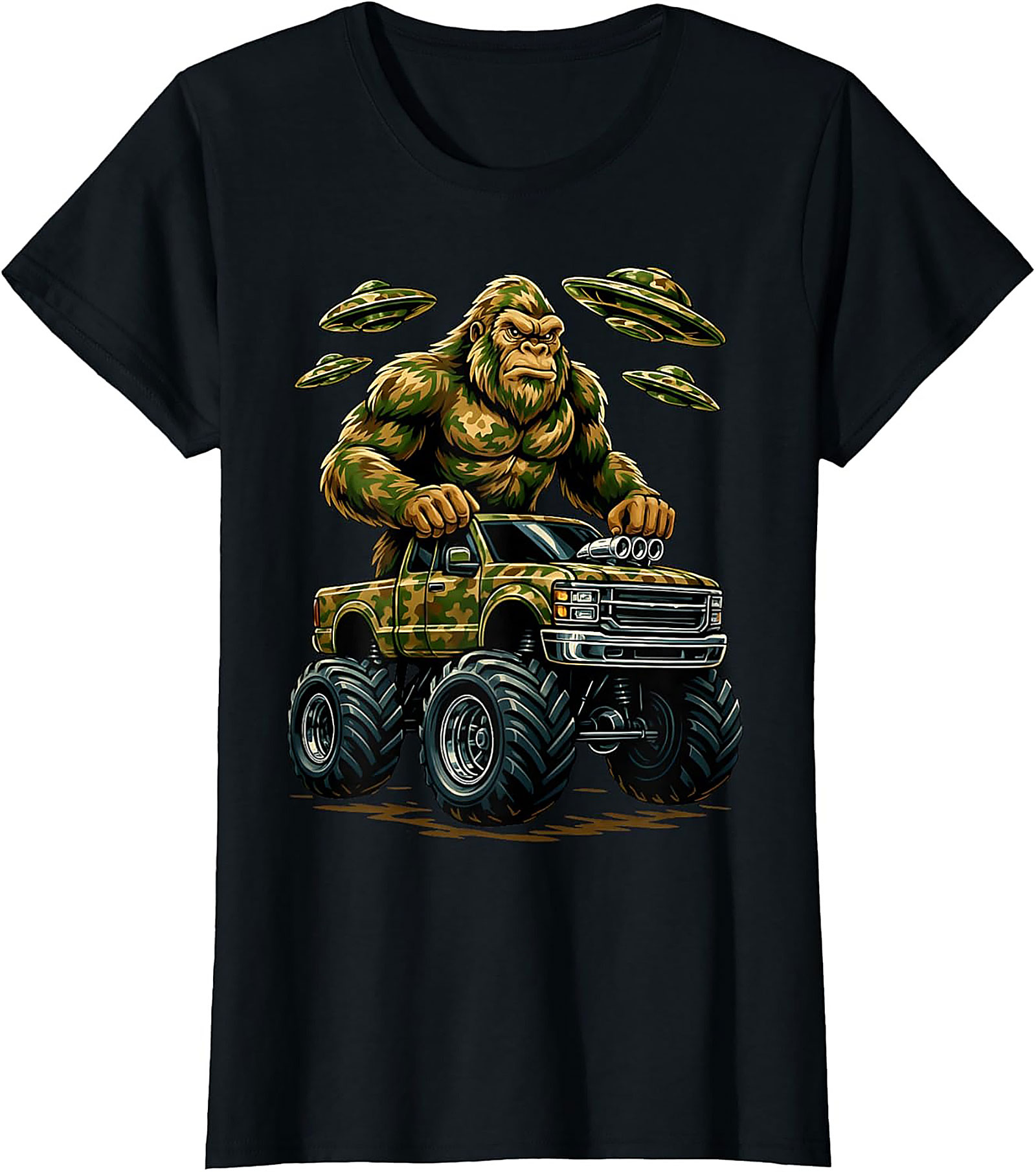 Bigfoot Monster Truck Alien Invasion Graphic Tee | Funny Sasquatch Unisex Tee