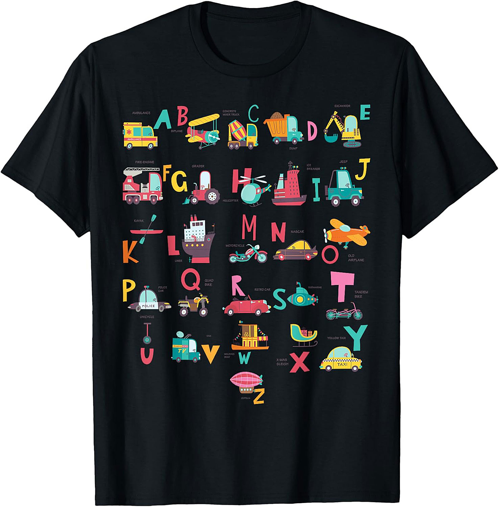 Vehicle Alphabet T-shirt - Fun ABC Learning Graphic Tee for Kids Who Love Trucks and Cars