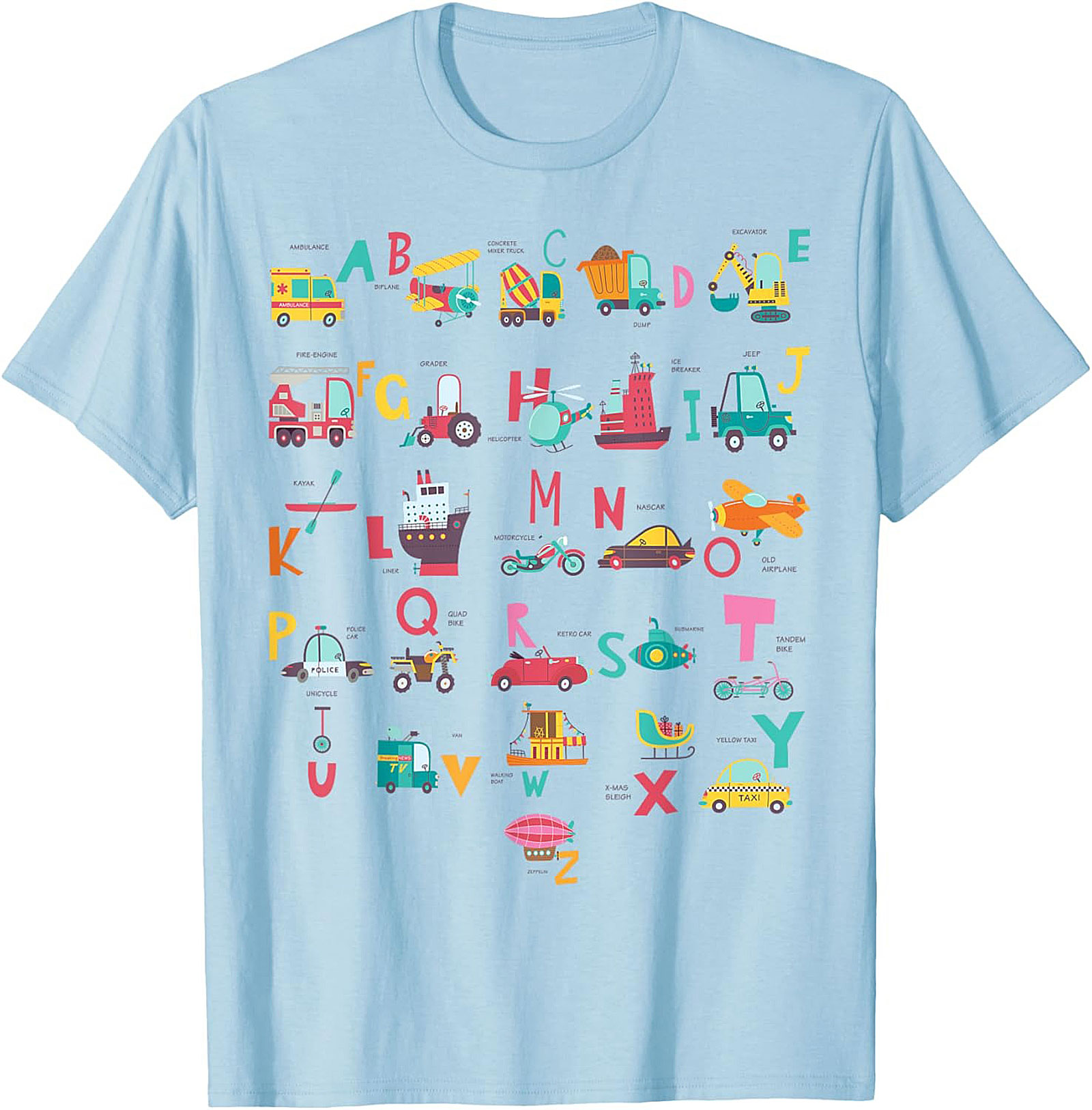 Vehicle Alphabet T-shirt - Fun ABC Learning Graphic Tee for Kids Who Love Trucks and Cars