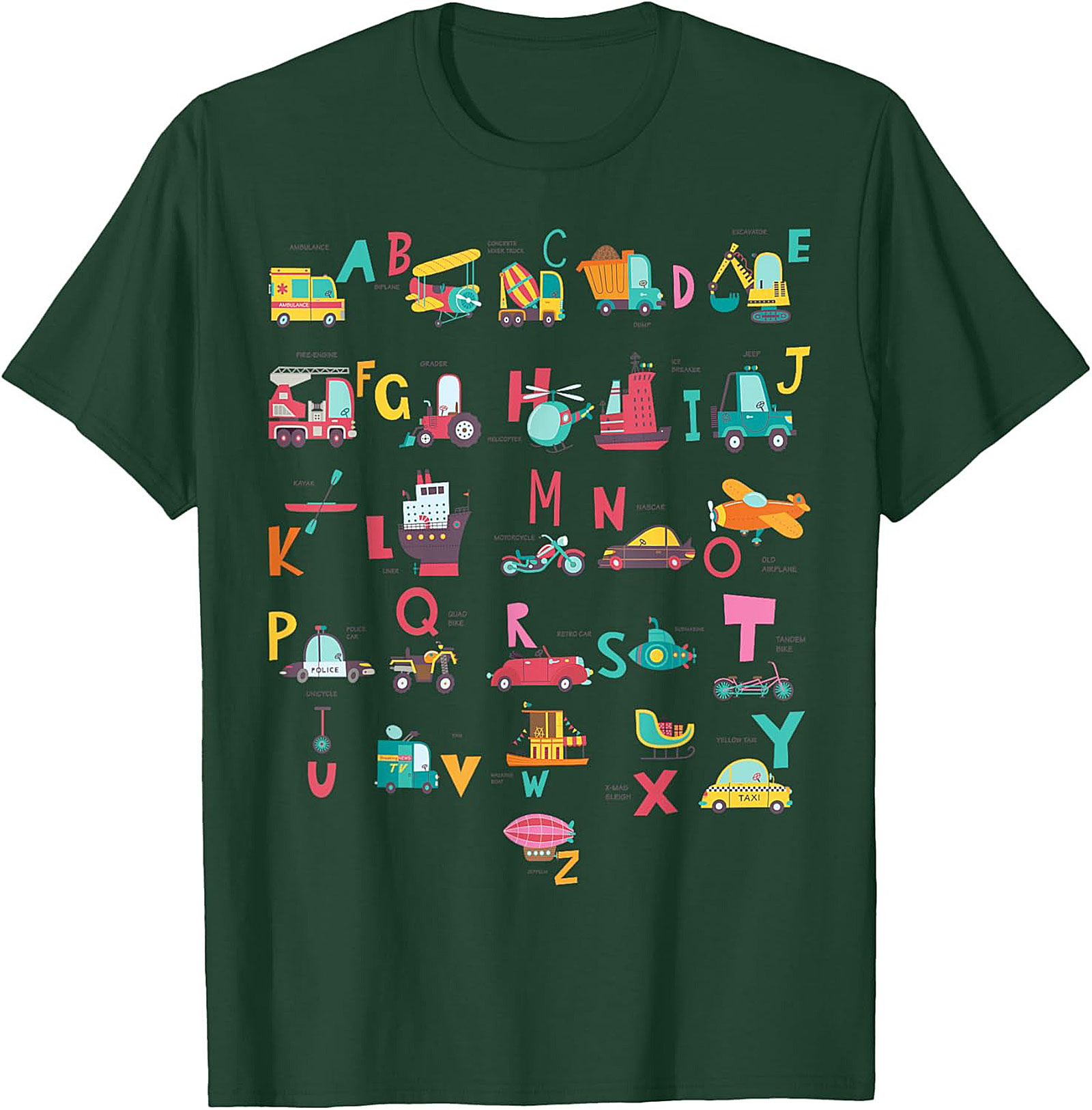 Vehicle Alphabet T-shirt - Fun ABC Learning Graphic Tee for Kids Who Love Trucks and Cars
