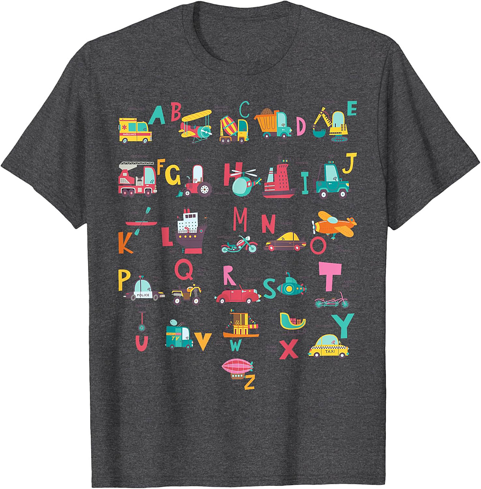 Vehicle Alphabet T-shirt - Fun ABC Learning Graphic Tee for Kids Who Love Trucks and Cars