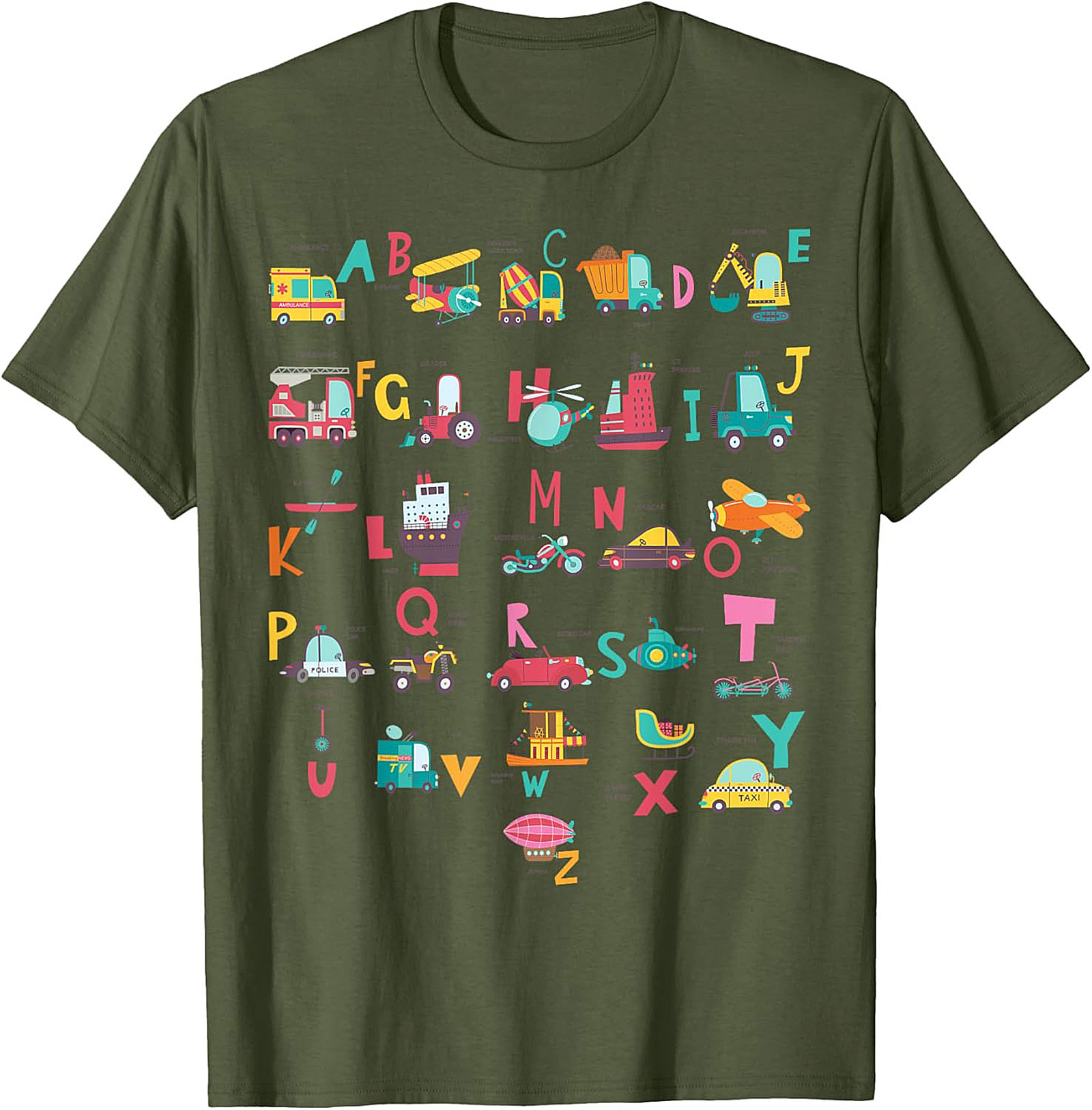 Vehicle Alphabet T-shirt - Fun ABC Learning Graphic Tee for Kids Who Love Trucks and Cars