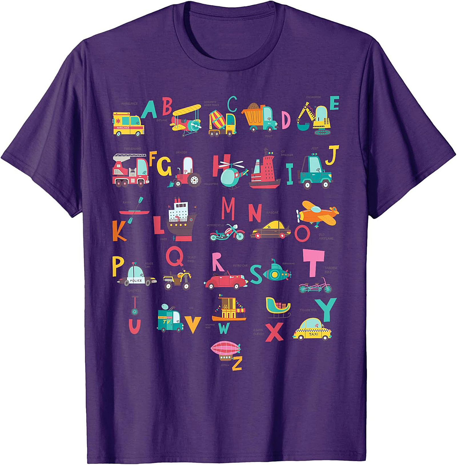 Vehicle Alphabet T-shirt - Fun ABC Learning Graphic Tee for Kids Who Love Trucks and Cars