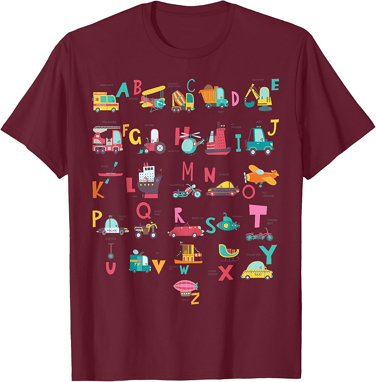 Vehicle Alphabet T-shirt - Fun ABC Learning Graphic Tee for Kids Who Love Trucks and Cars