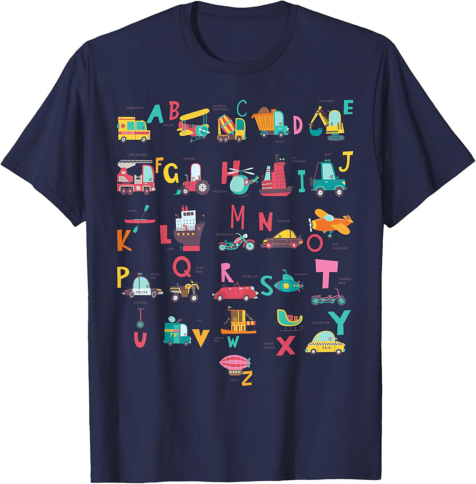 Vehicle Alphabet T-shirt - Fun ABC Learning Graphic Tee for Kids Who Love Trucks and Cars