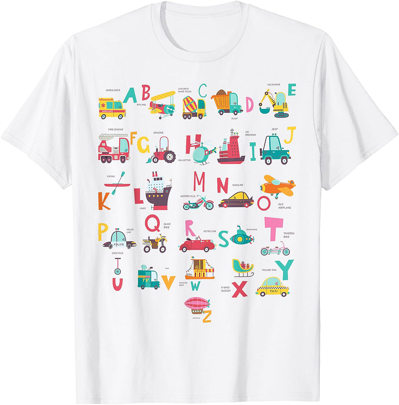 Vehicle Alphabet T-shirt - Fun ABC Learning Graphic Tee for Kids Who Love Trucks and Cars