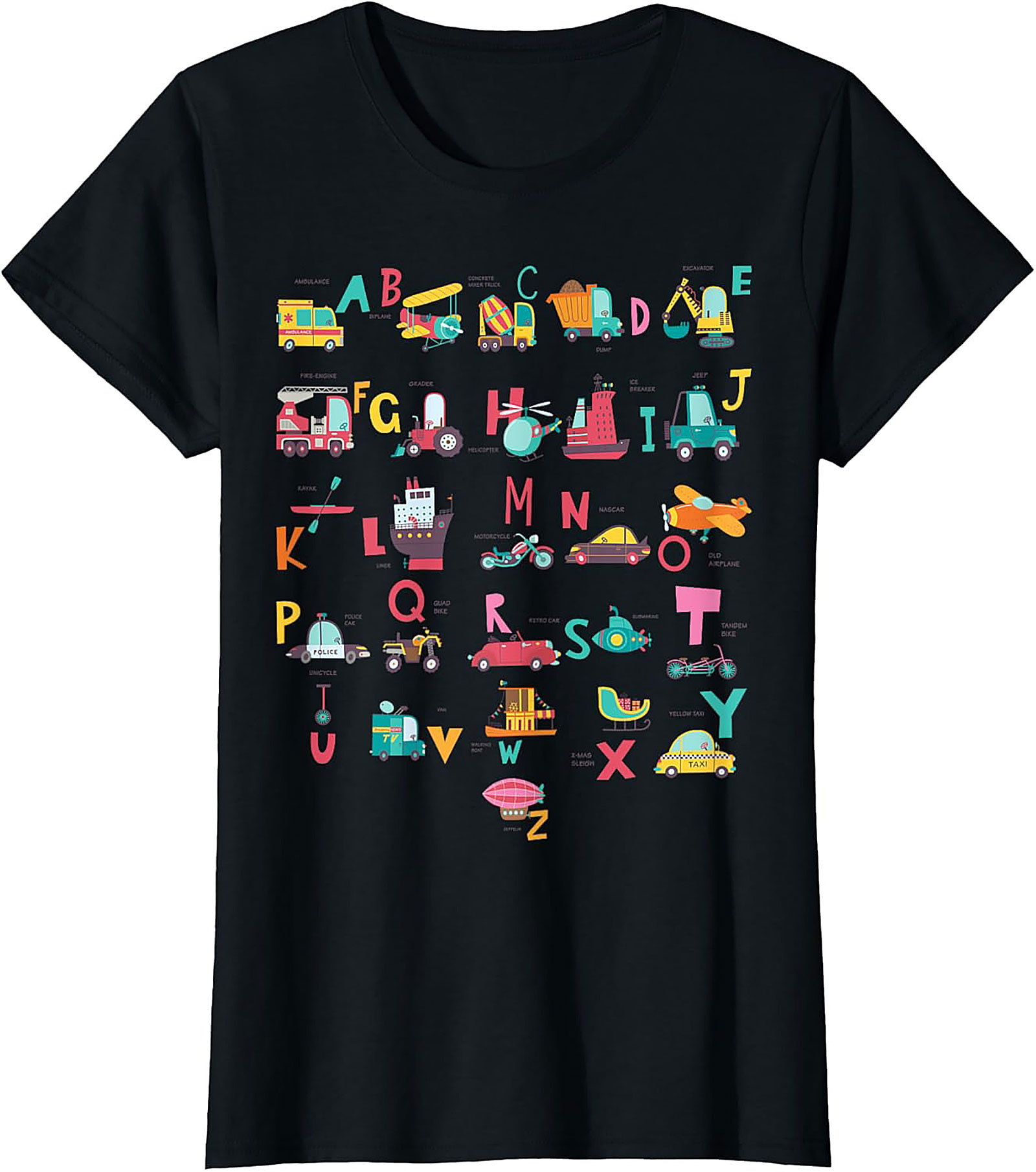 Vehicle Alphabet T-shirt - Fun ABC Learning Graphic Tee for Kids Who Love Trucks and Cars