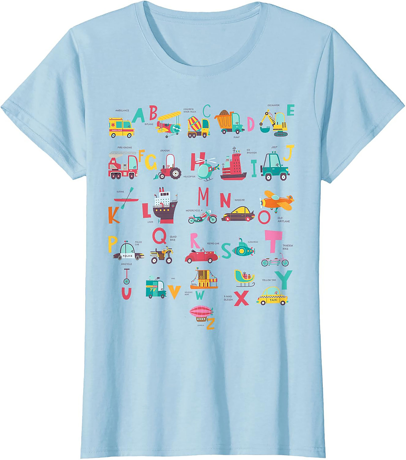 Vehicle Alphabet T-shirt - Fun ABC Learning Graphic Tee for Kids Who Love Trucks and Cars