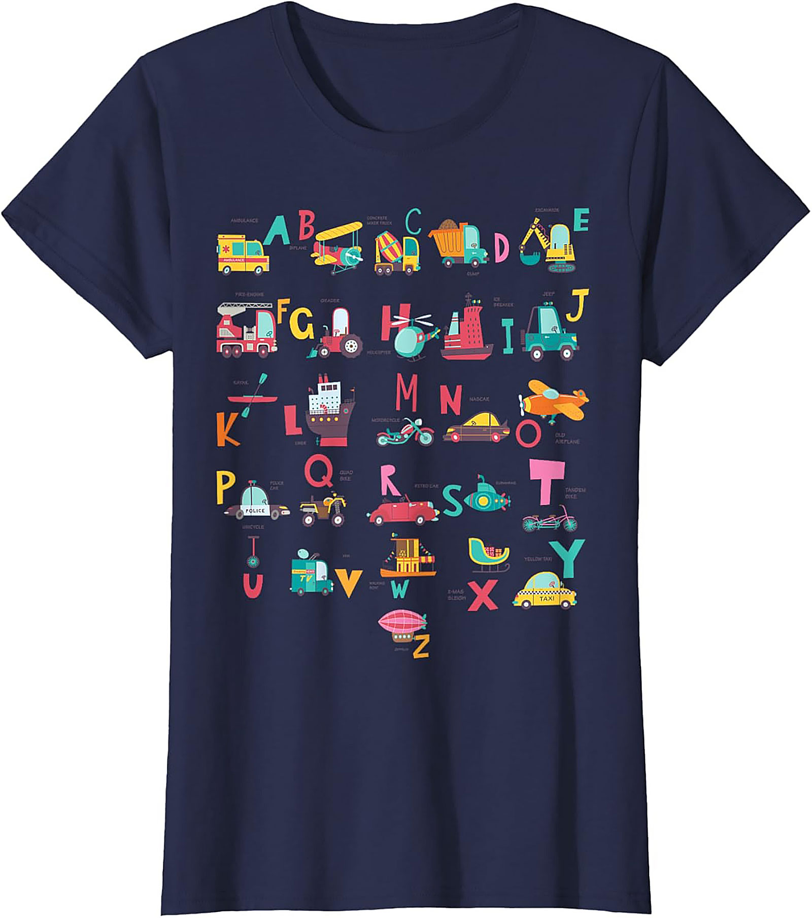Vehicle Alphabet T-shirt - Fun ABC Learning Graphic Tee for Kids Who Love Trucks and Cars
