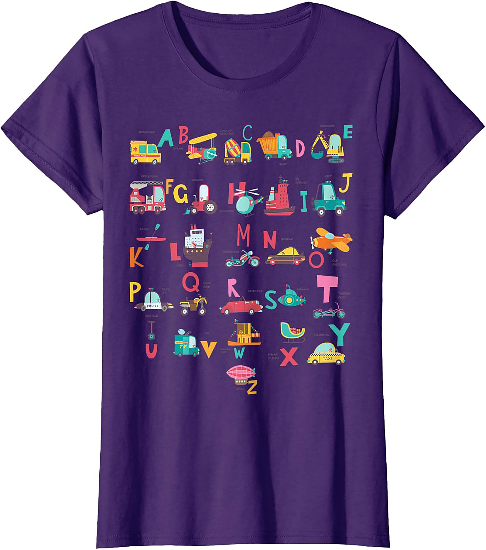 Vehicle Alphabet T-shirt - Fun ABC Learning Graphic Tee for Kids Who Love Trucks and Cars