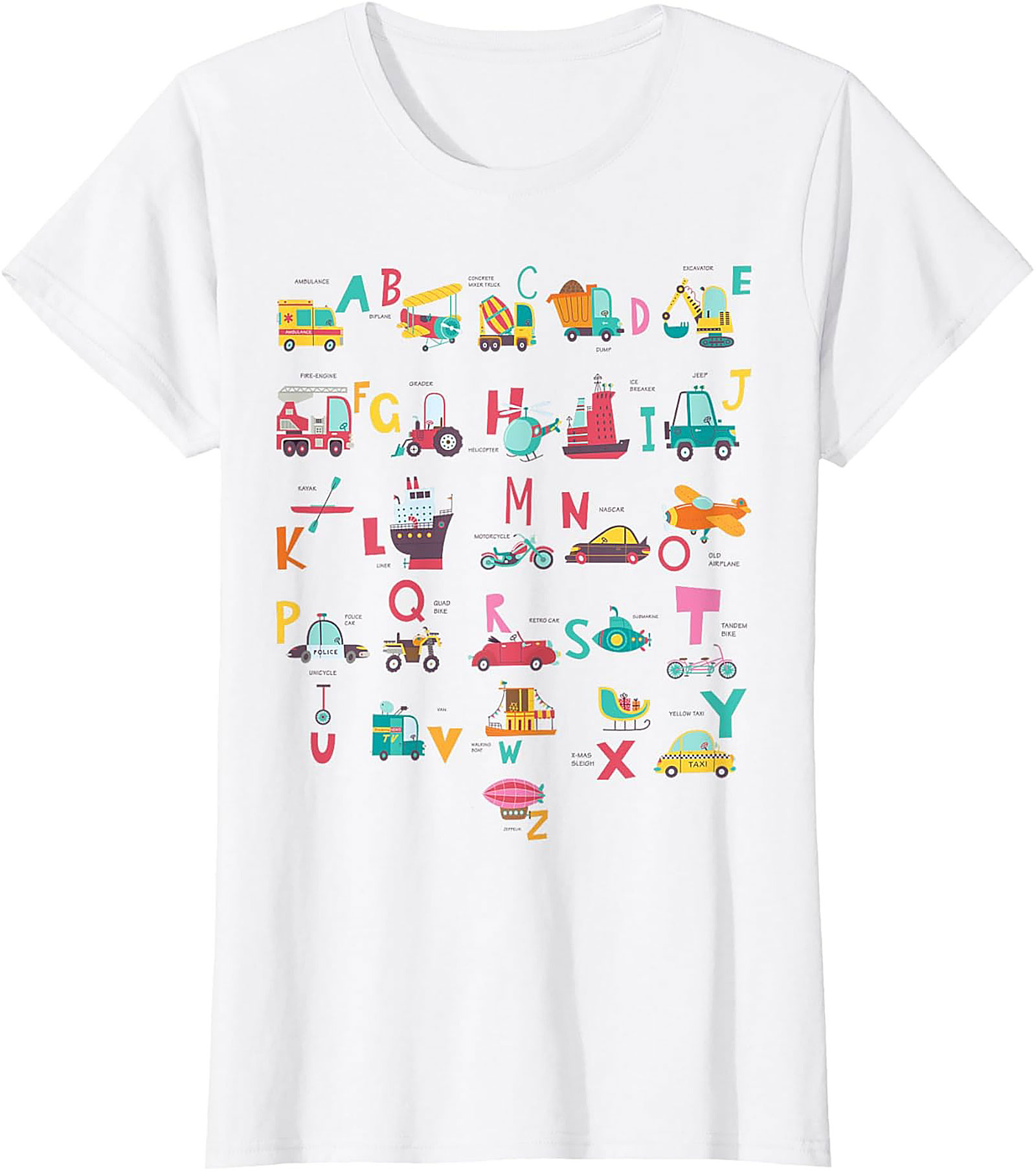 Vehicle Alphabet T-shirt - Fun ABC Learning Graphic Tee for Kids Who Love Trucks and Cars
