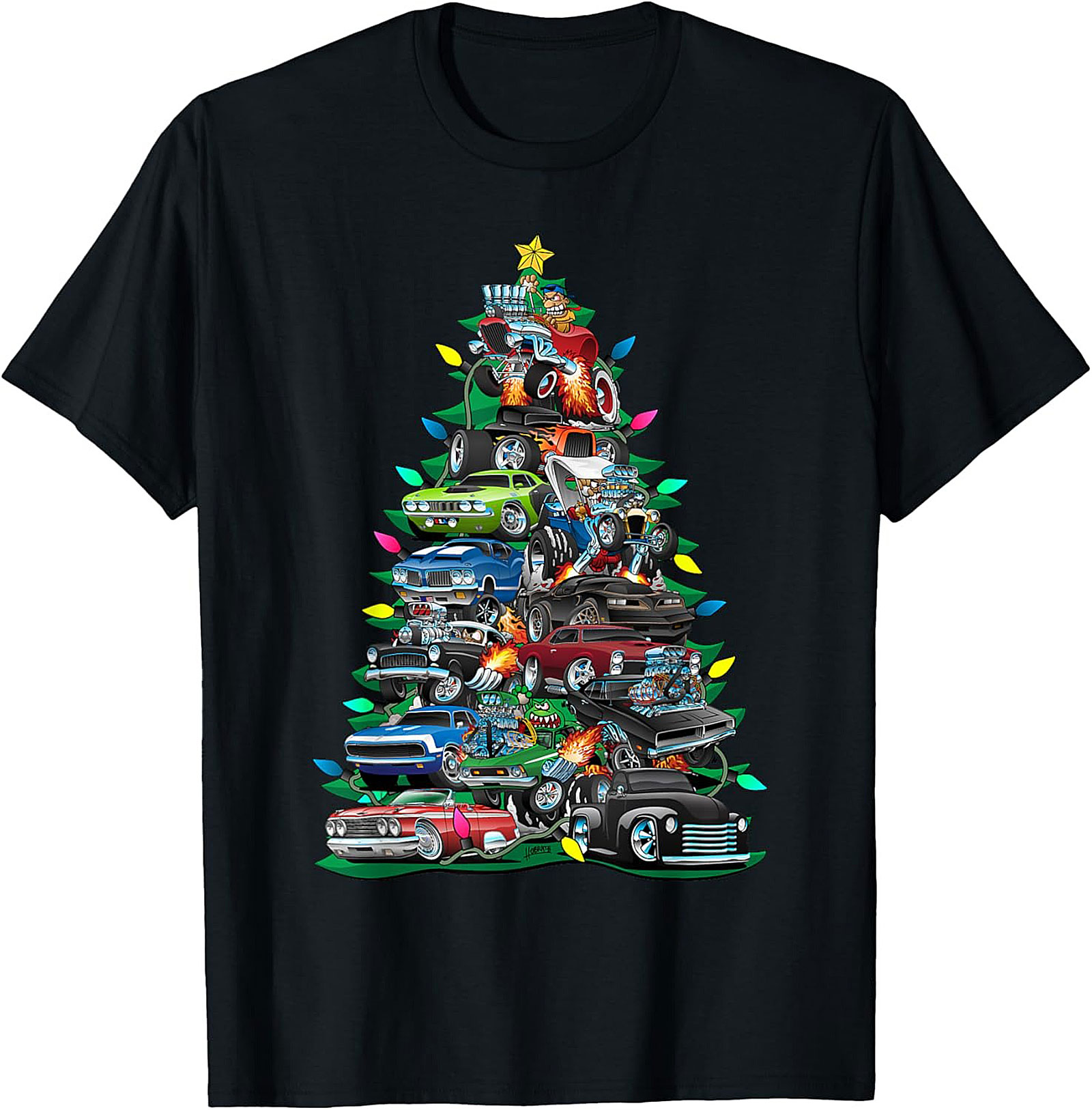 Hot Rod Christmas Tree Graphic Tee Muscle Car Shirt