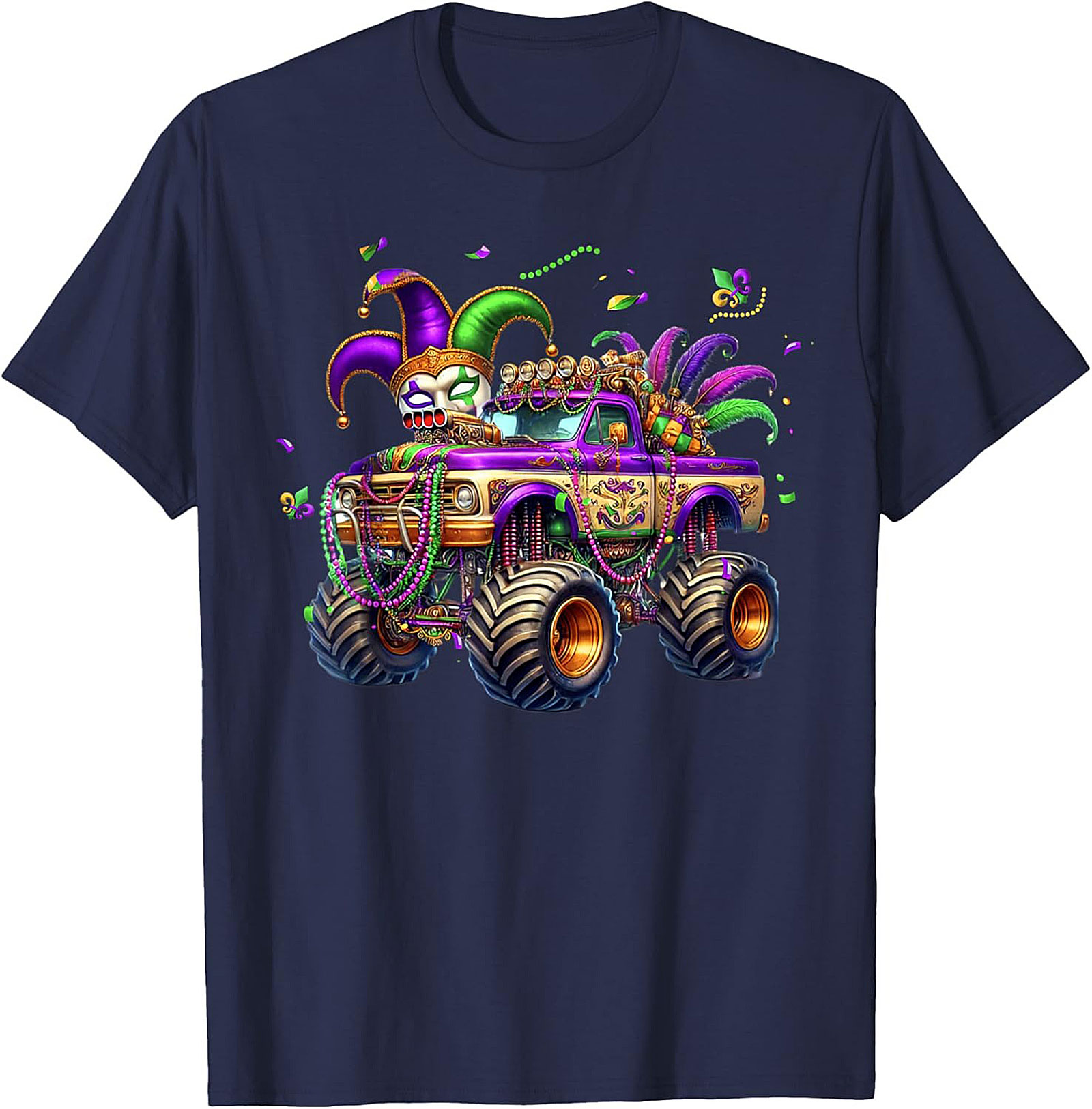 Mardi Gras Monster Truck T-shirt: Jester Skull Parade Graphic Tee