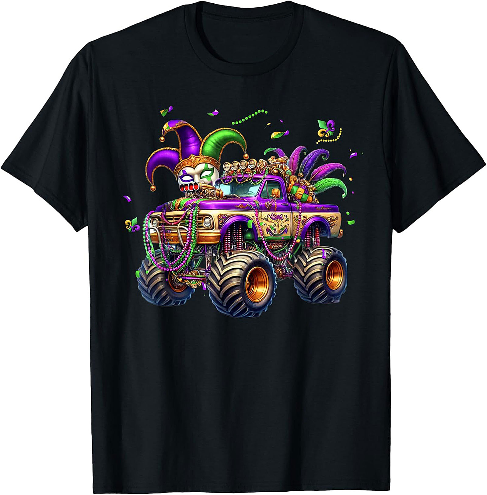 Mardi Gras Monster Truck T-shirt: Jester Skull Parade Graphic Tee