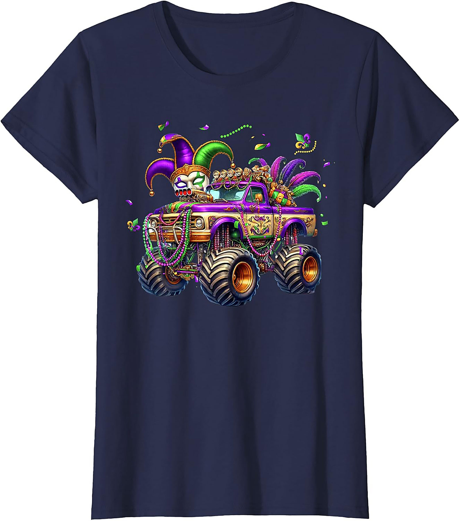 Mardi Gras Monster Truck T-shirt: Jester Skull Parade Graphic Tee