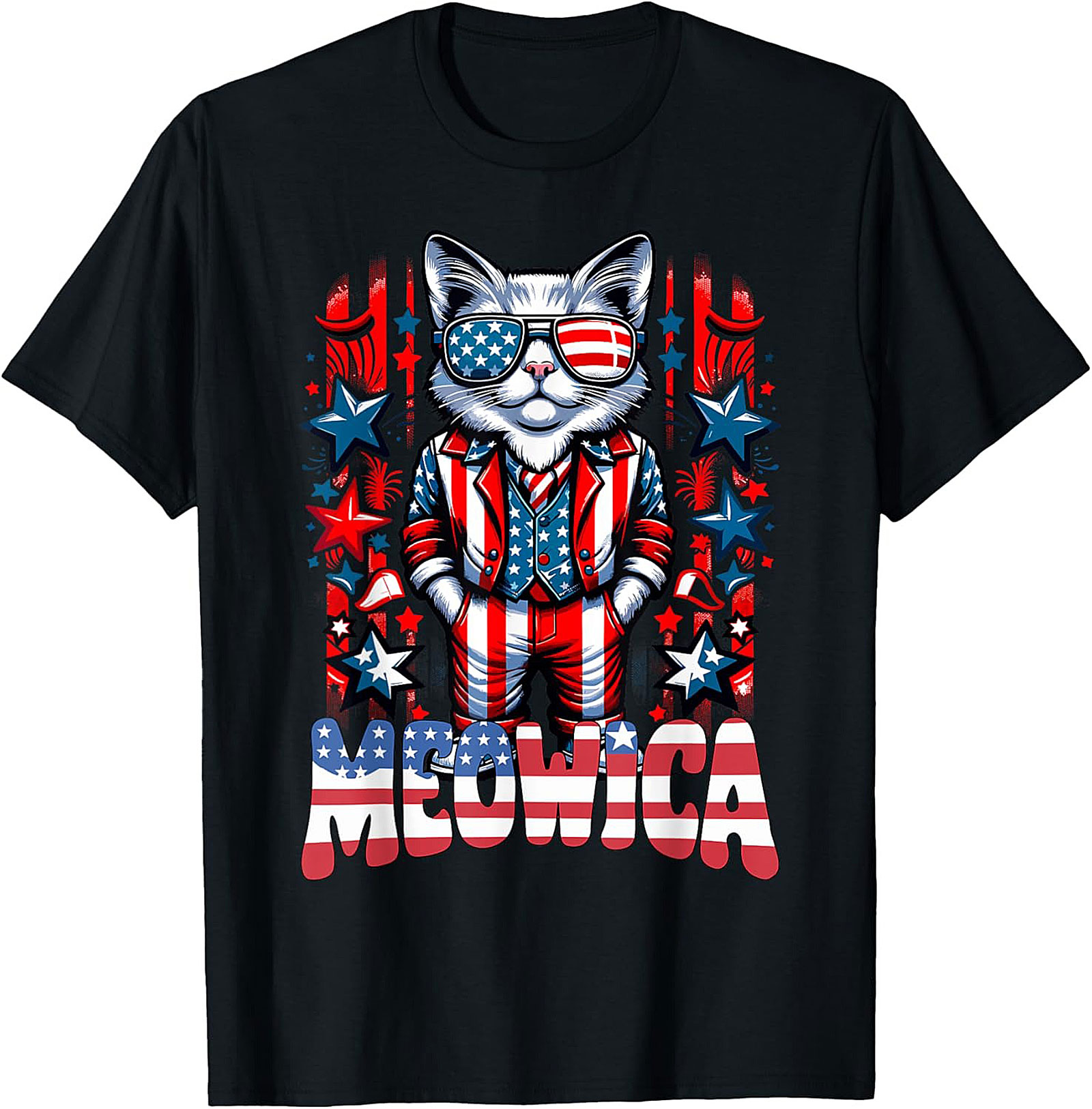 Meowica Cat Patriotic Graphic Tee | Funny 4th of July Shirt