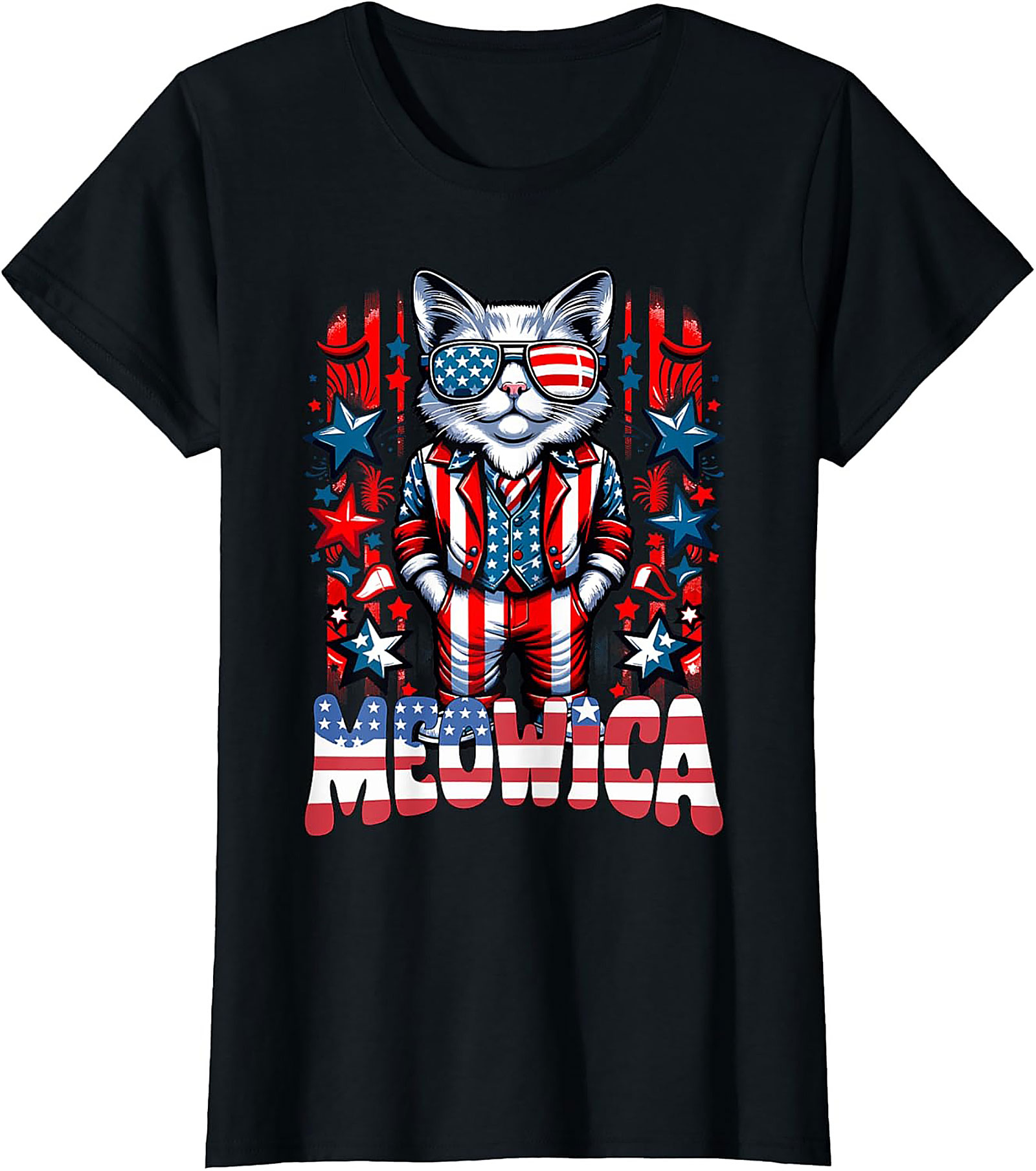 Meowica Cat Patriotic Graphic Tee | Funny 4th of July Shirt