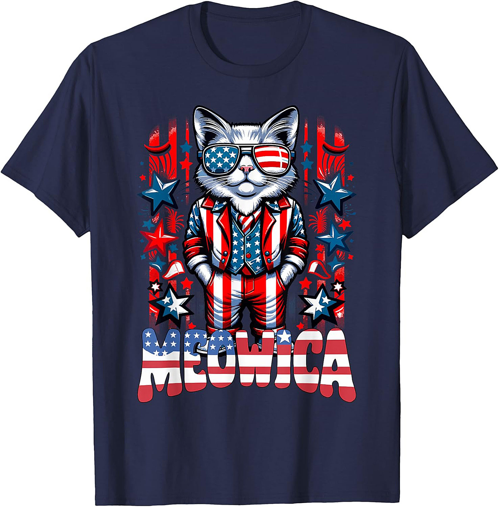 Meowica Cat Patriotic Graphic Tee | Funny 4th of July Shirt