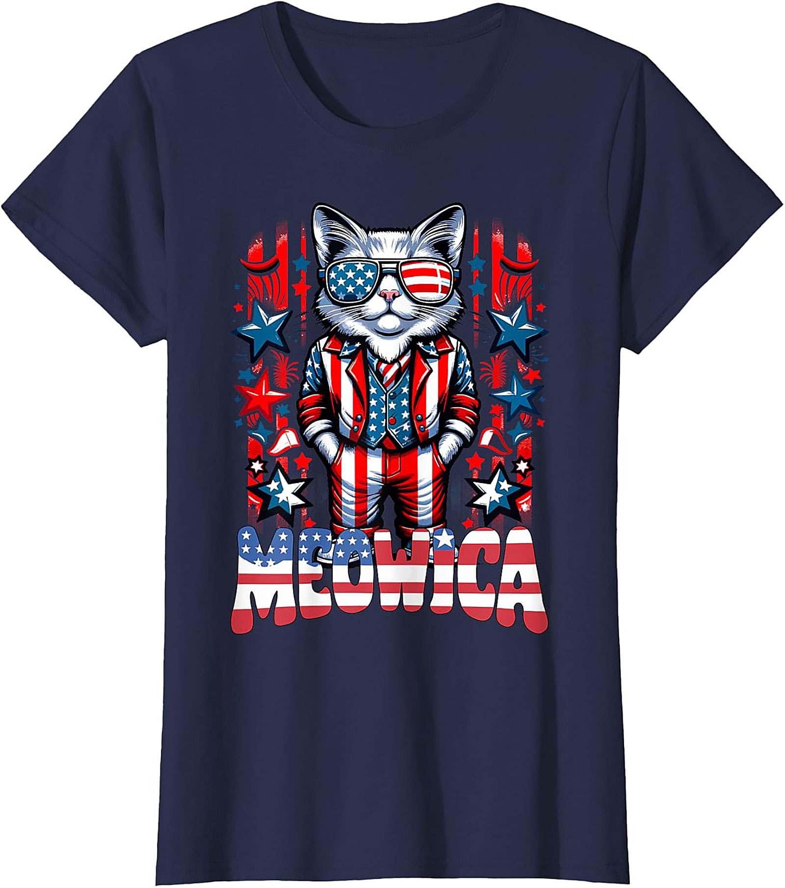 Meowica Cat Patriotic Graphic Tee | Funny 4th of July Shirt