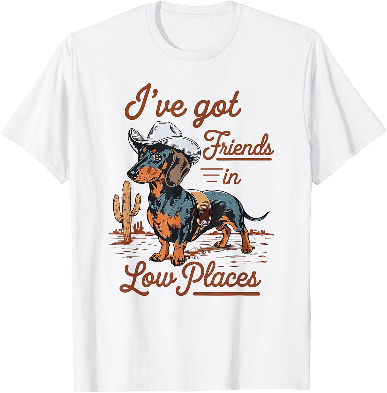 Cowboy Dachshund Funny T-Shirt: Friends in Low Places Wiener Dog Tee