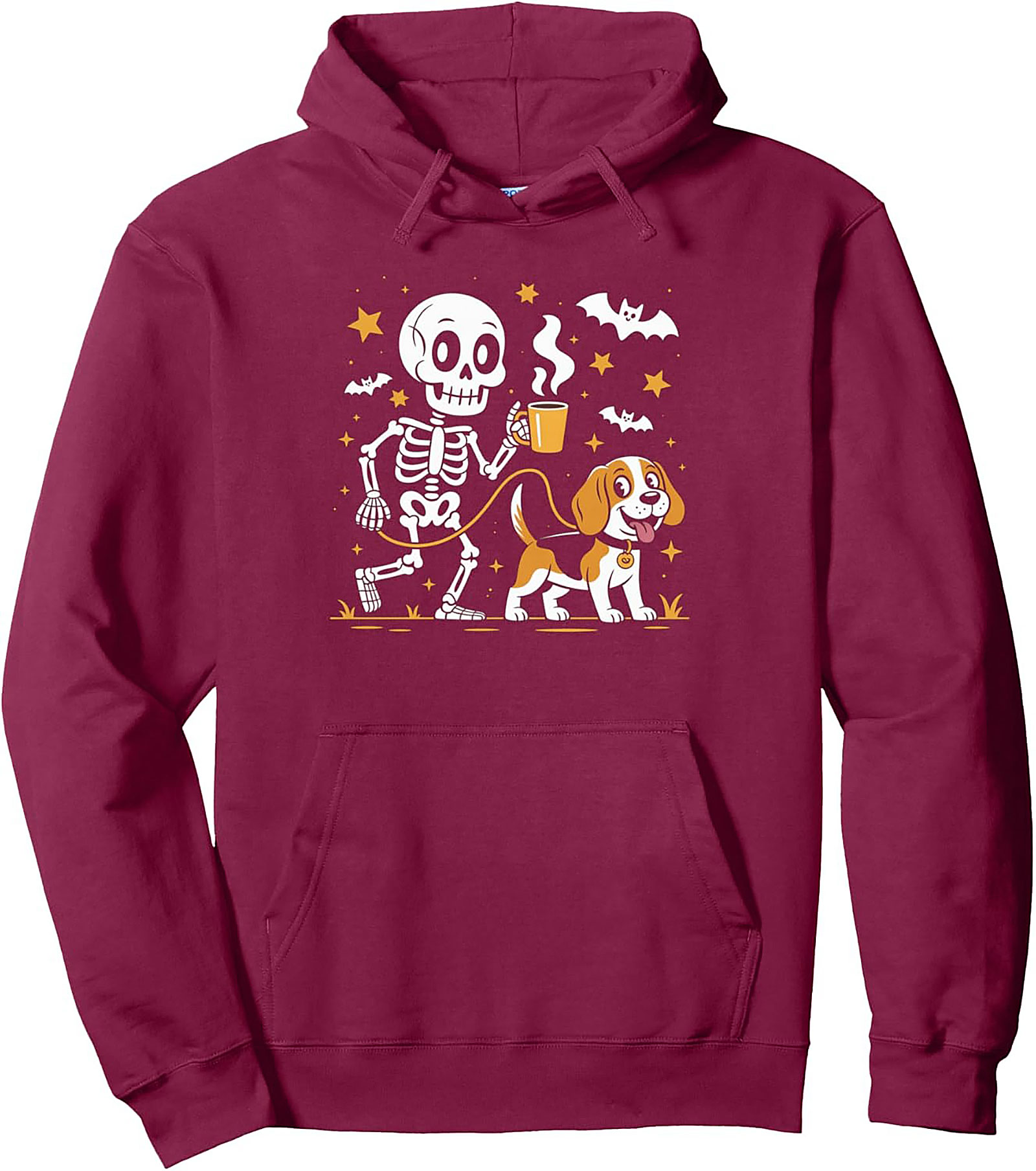 Coffee Skeleton Dog Walk Pullover Hoodie | Spooky Morning Walk Graphic Hoodie