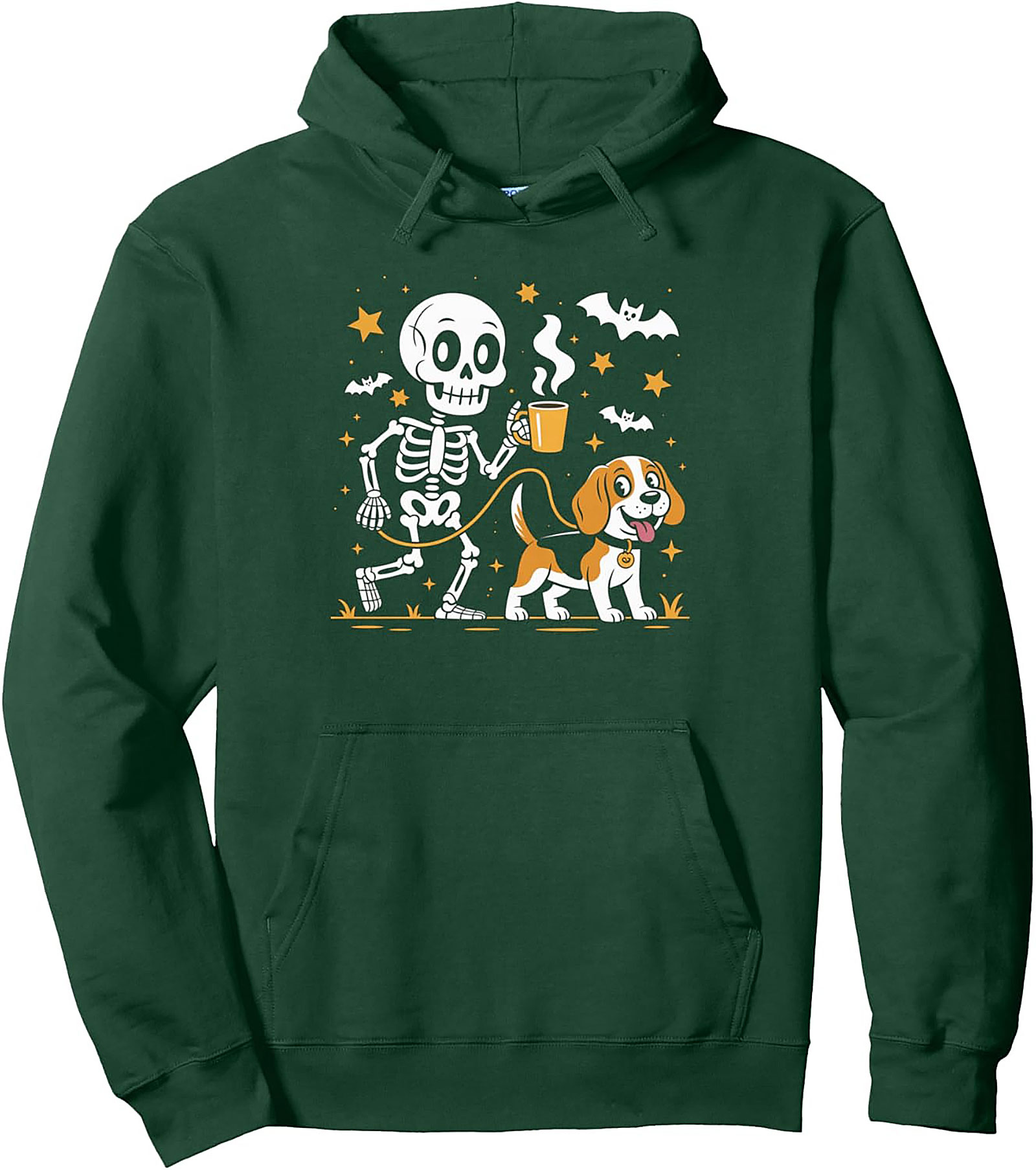 Coffee Skeleton Dog Walk Pullover Hoodie | Spooky Morning Walk Graphic Hoodie