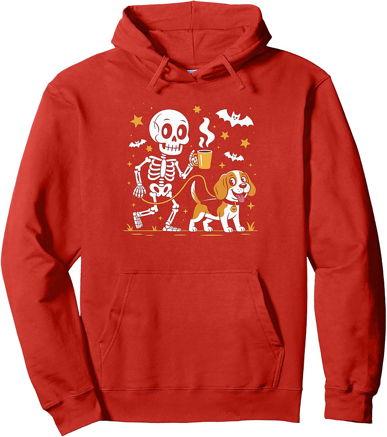 Coffee Skeleton Dog Walk Pullover Hoodie | Spooky Morning Walk Graphic Hoodie