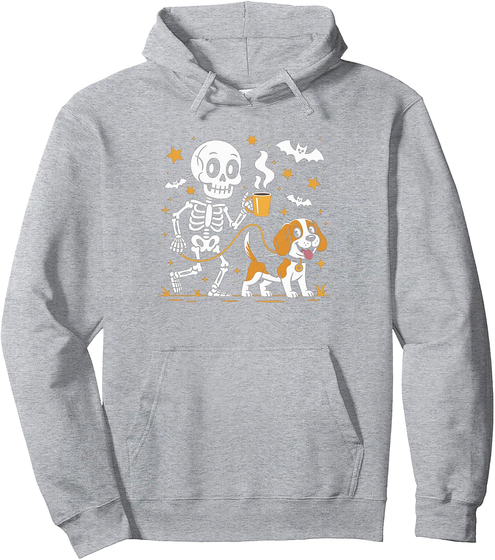 Coffee Skeleton Dog Walk Pullover Hoodie | Spooky Morning Walk Graphic Hoodie
