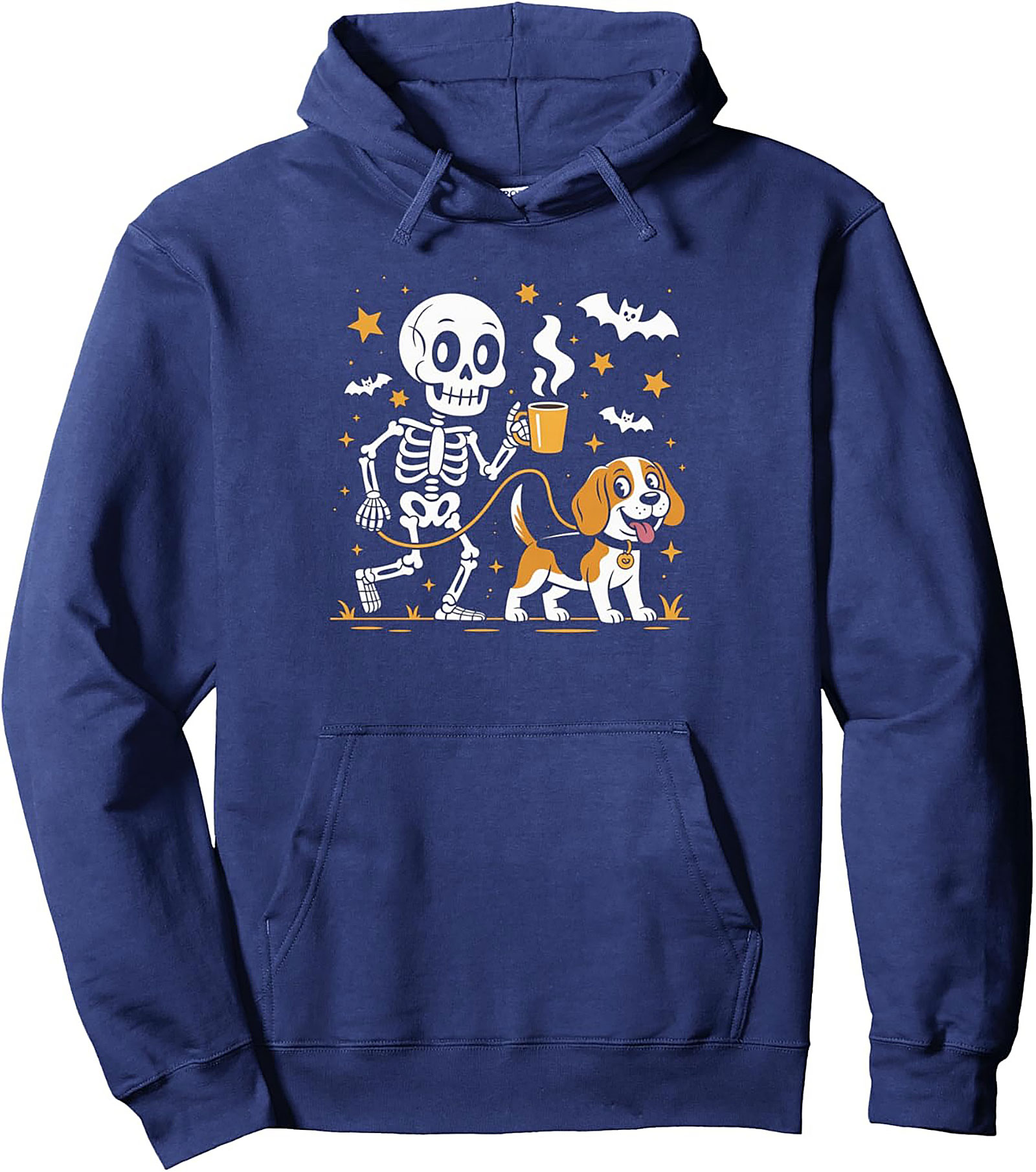 Coffee Skeleton Dog Walk Pullover Hoodie | Spooky Morning Walk Graphic Hoodie