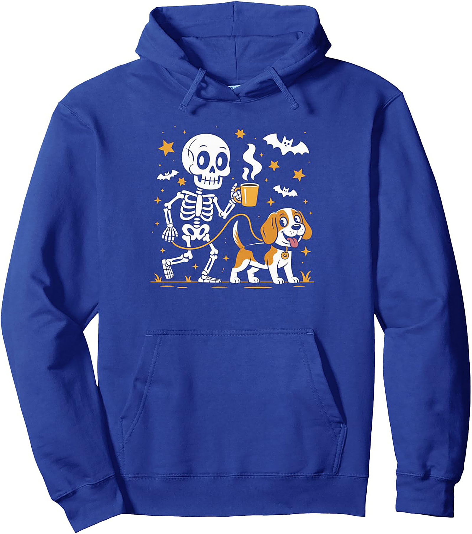Coffee Skeleton Dog Walk Pullover Hoodie | Spooky Morning Walk Graphic Hoodie