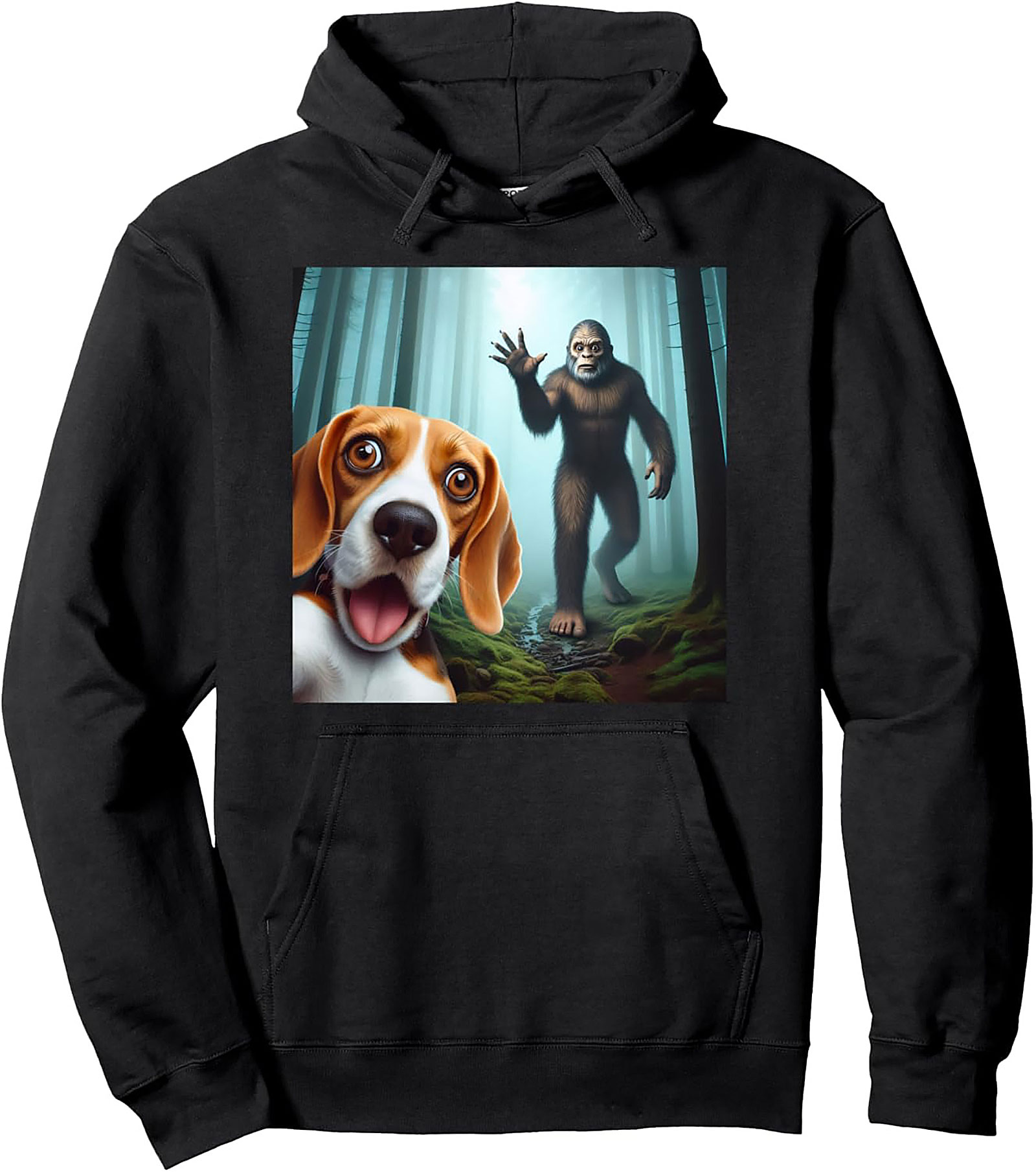 Bigfoot Beagle Selfie Graphic Pullover Hoodie | Funny Dog Lover Cryptid Sweatshirt