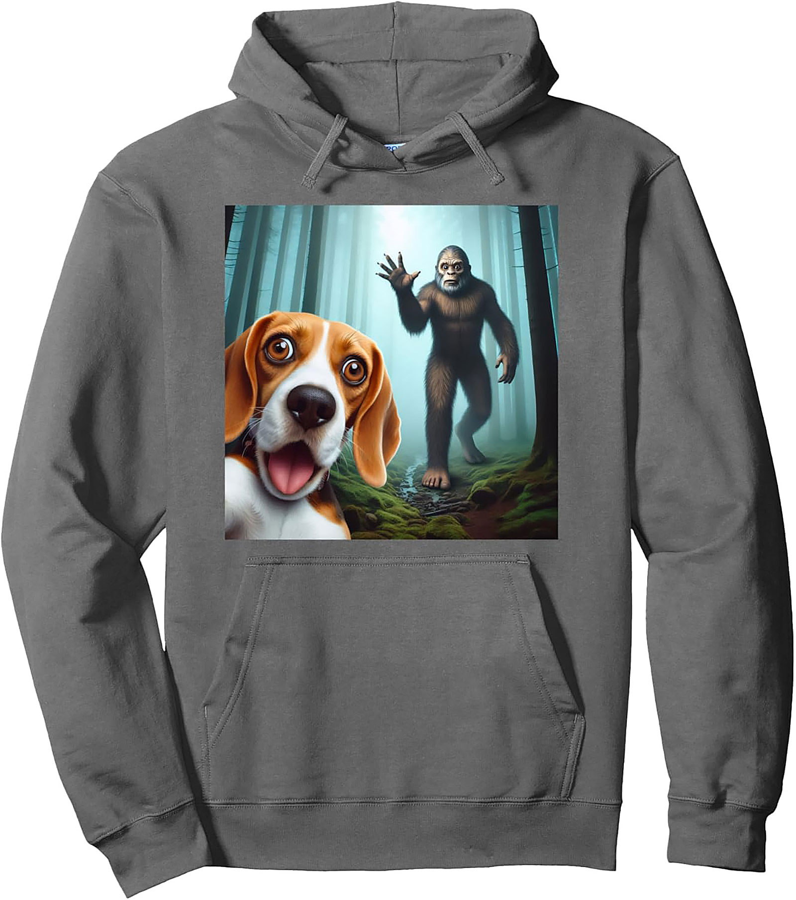 Bigfoot Beagle Selfie Graphic Pullover Hoodie | Funny Dog Lover Cryptid Sweatshirt