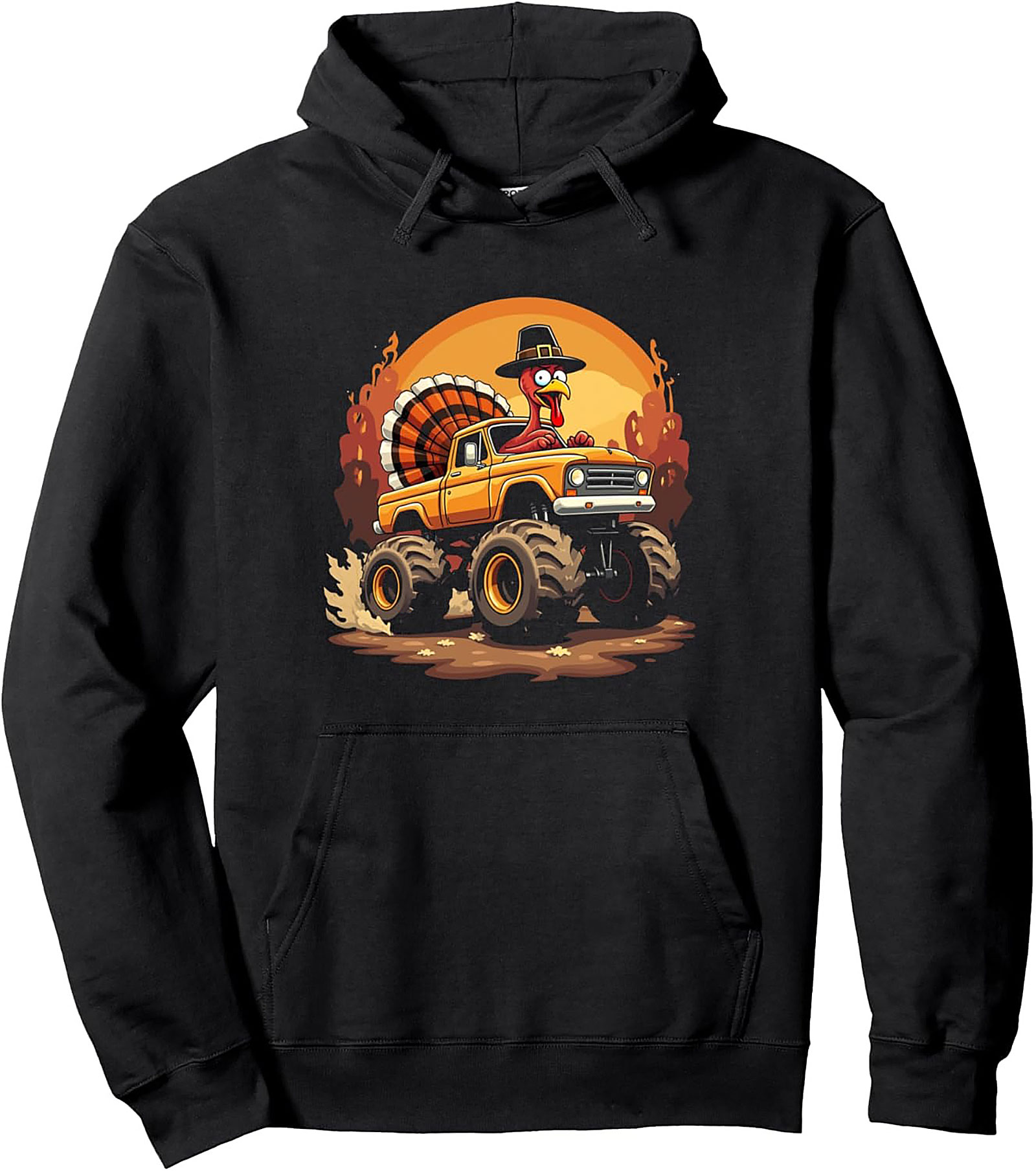 Thanksgiving Monster Truck Graphic Hoodie: Turkey Driving Pullover