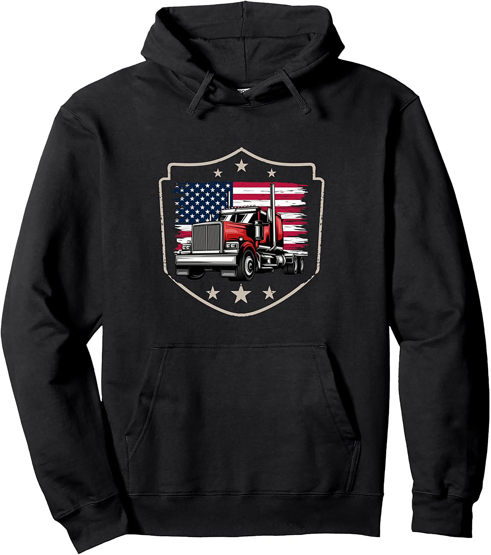 Patriotic Trucker Pullover Hoodie - American Flag Semi Truck Graphic Hoodie