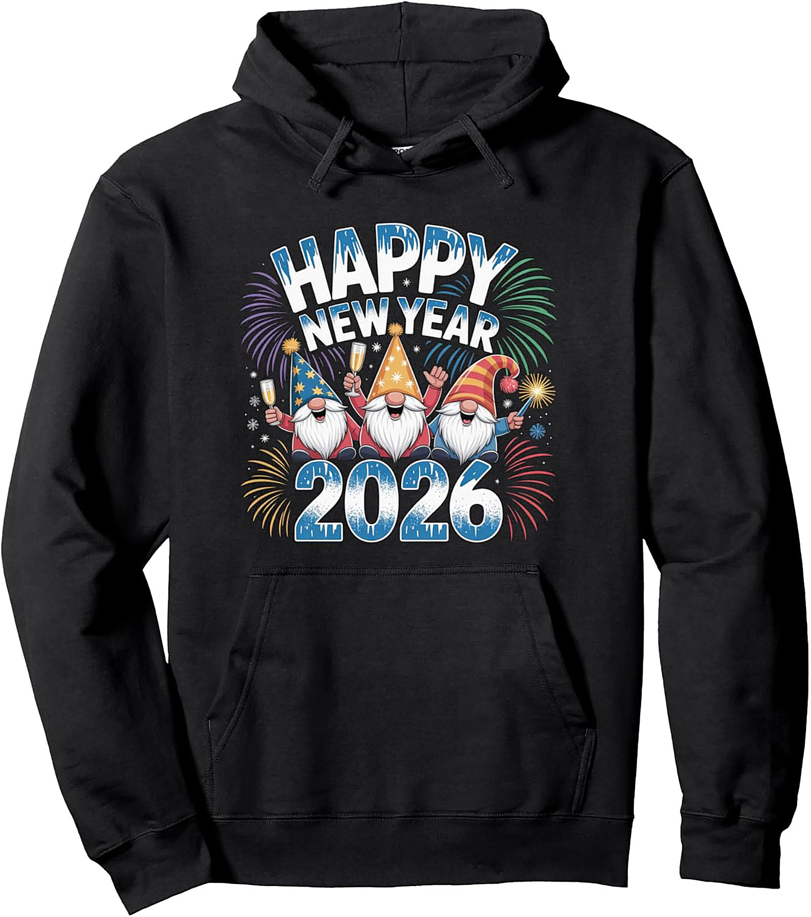 New Year Gnomes Pullover Hoodie 2026 Festive Graphic