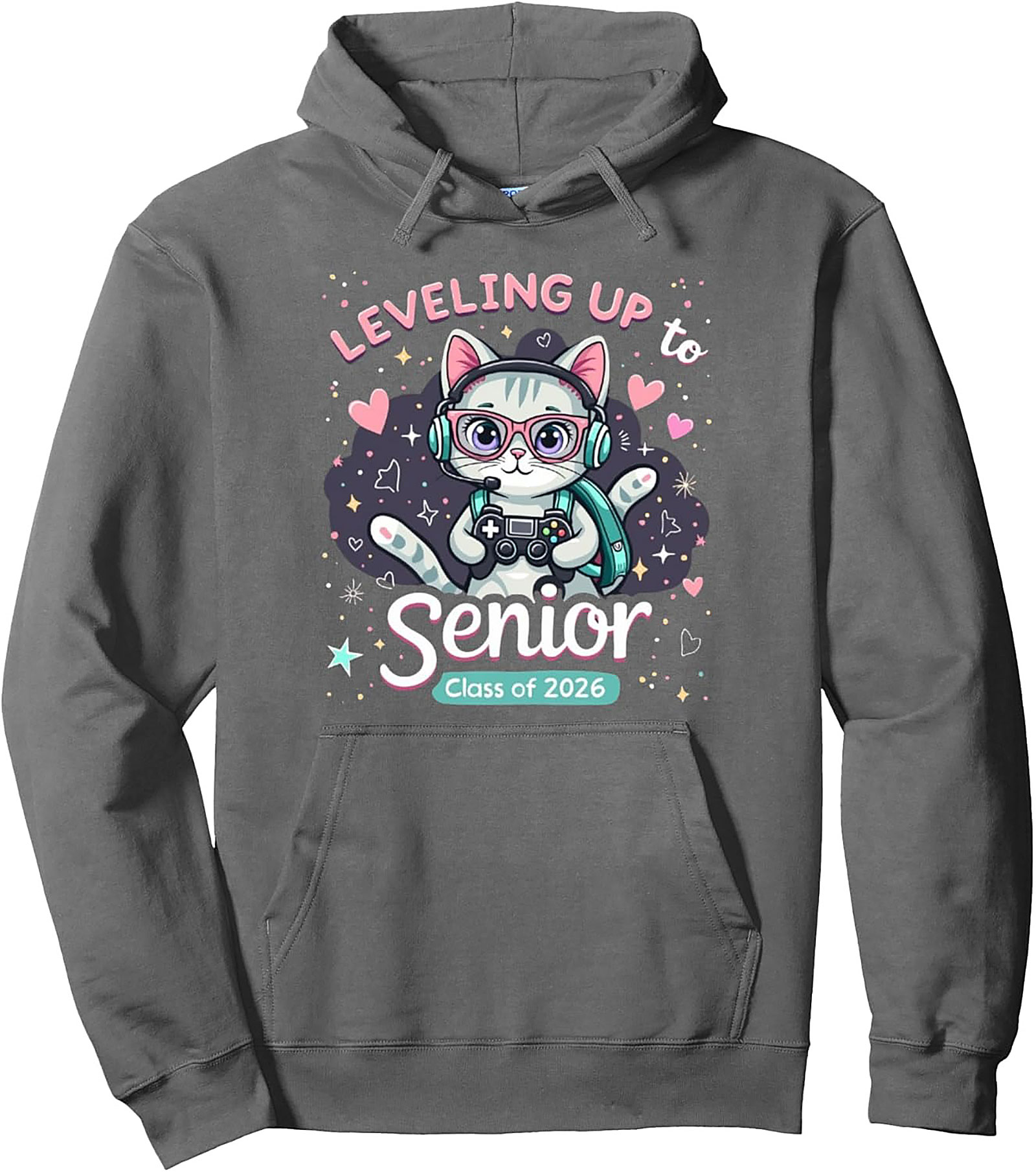 Level Up Senior 2026 Gamer Cat Pullover Hoodie