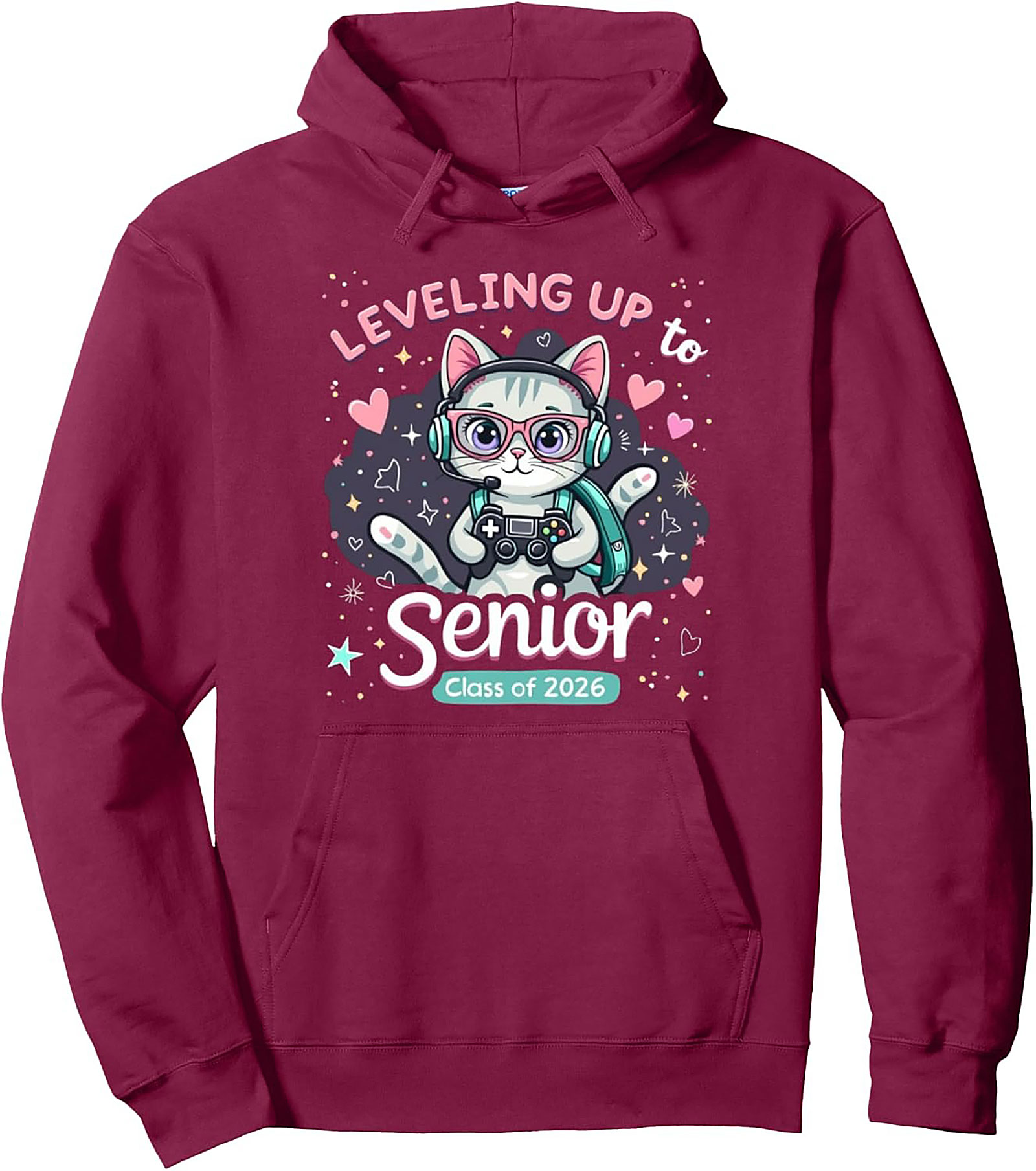 Level Up Senior 2026 Gamer Cat Pullover Hoodie