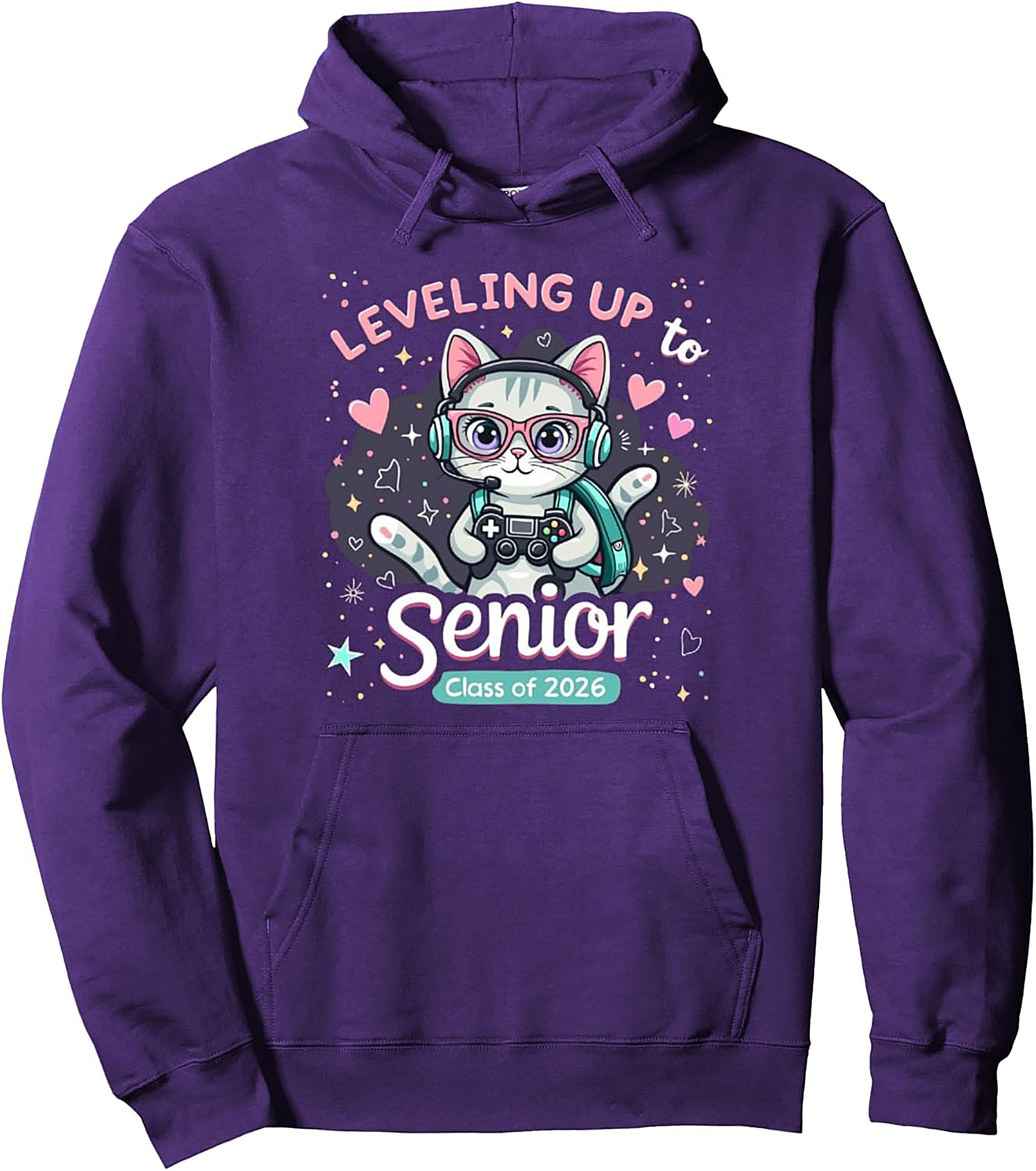 Level Up Senior 2026 Gamer Cat Pullover Hoodie