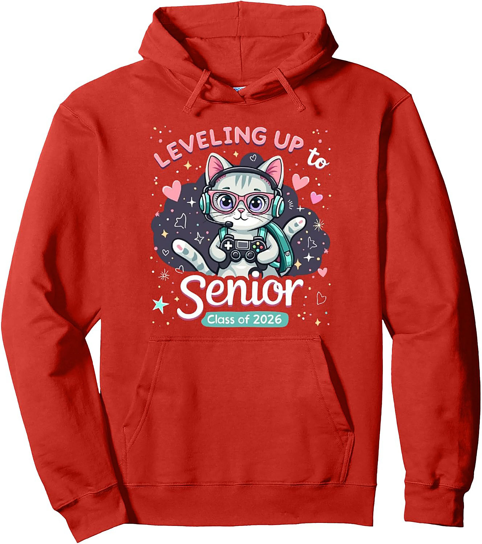 Level Up Senior 2026 Gamer Cat Pullover Hoodie