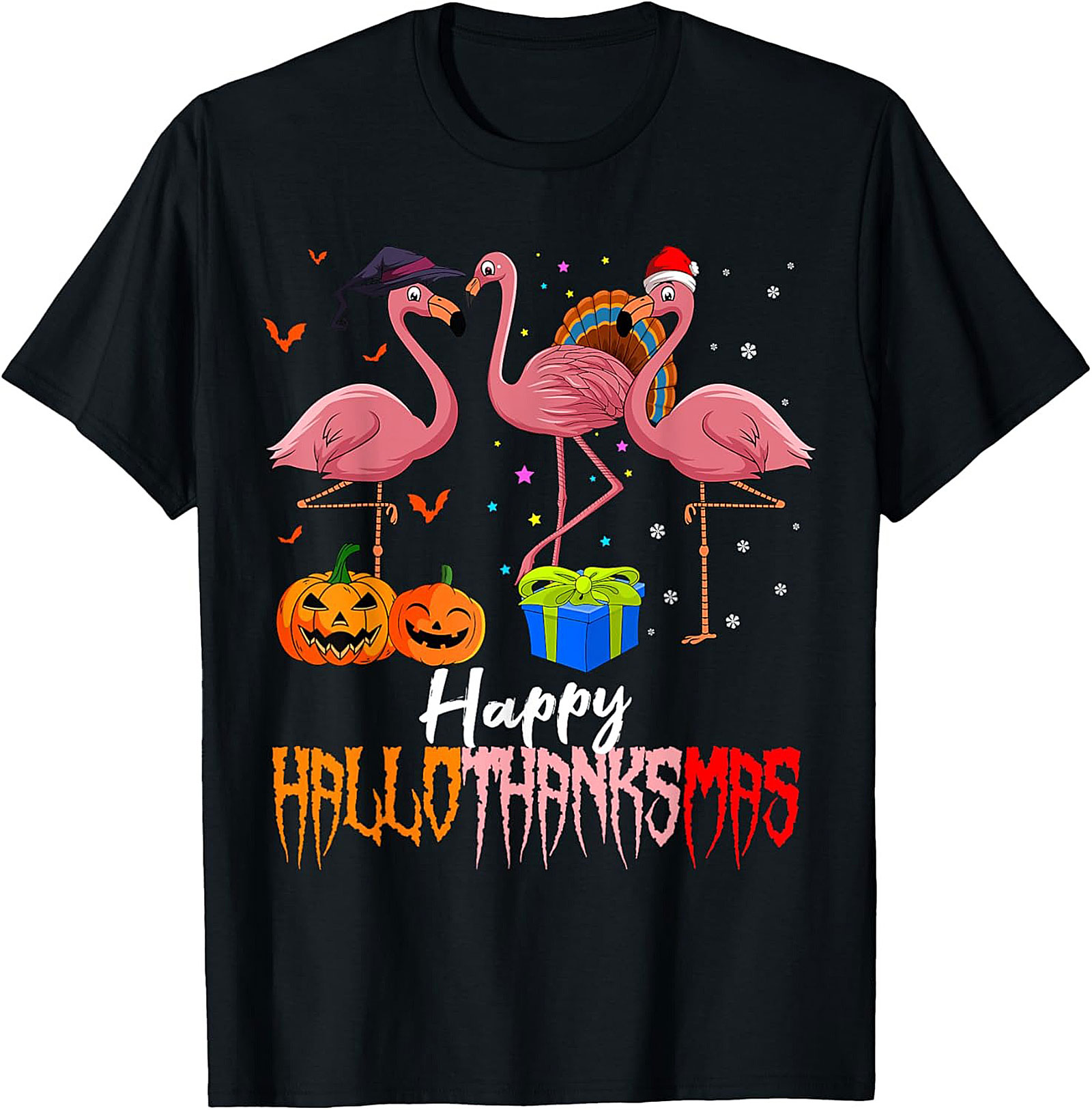 Funny Hallothanksmas Flamingo T-shirt | Unisex Holiday Tee