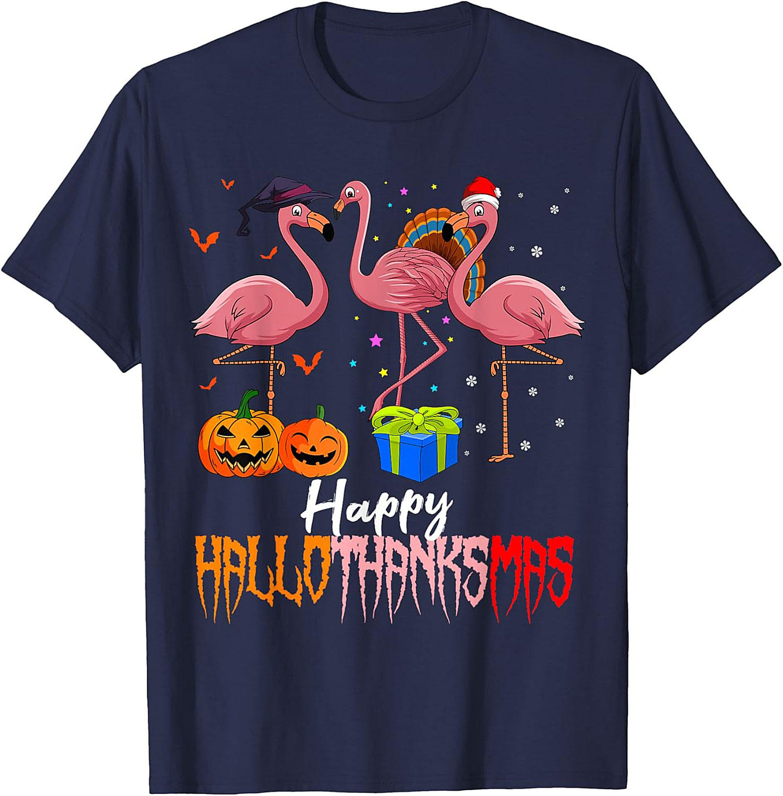 Funny Hallothanksmas Flamingo T-shirt | Unisex Holiday Tee