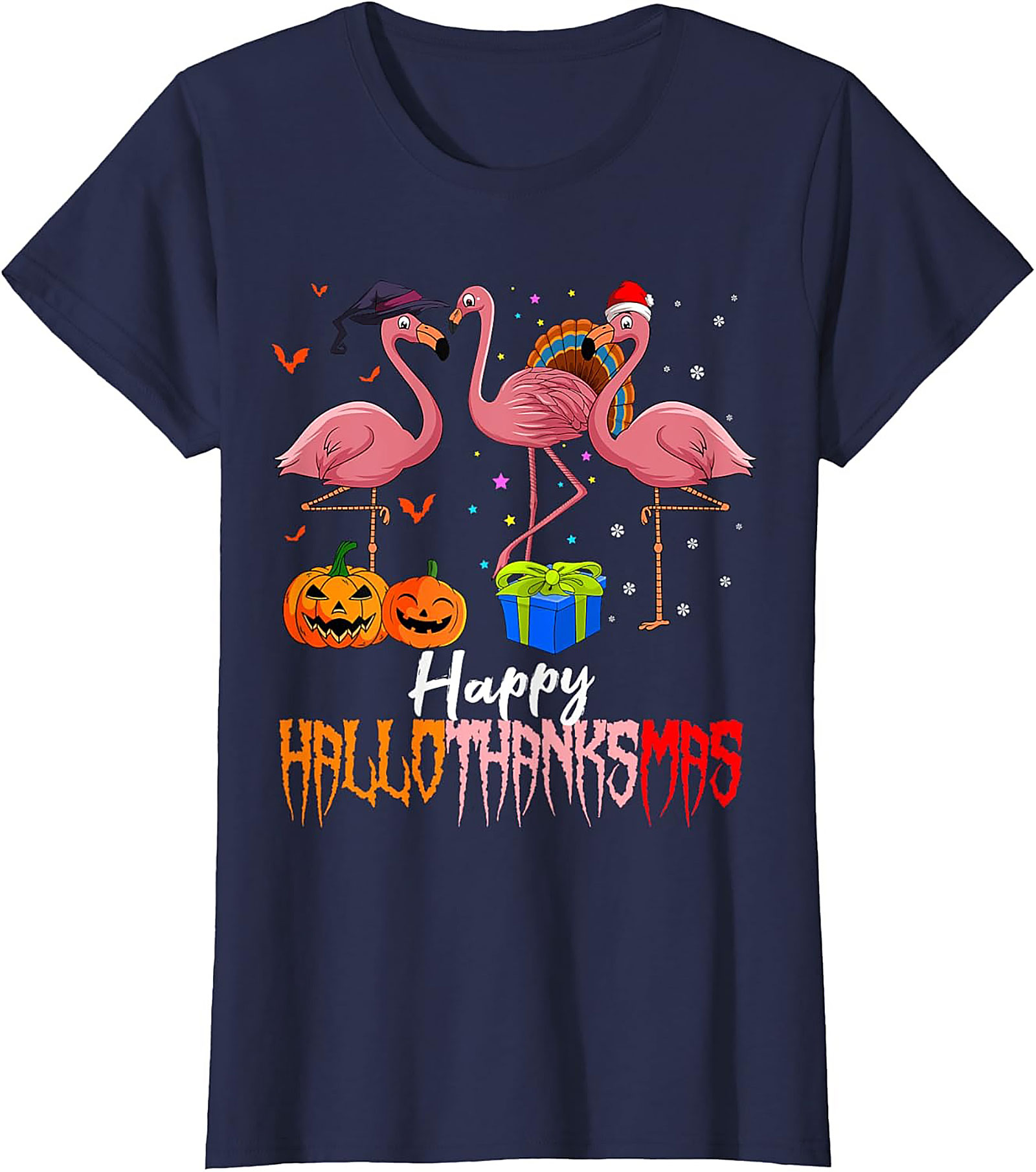 Funny Hallothanksmas Flamingo T-shirt | Unisex Holiday Tee