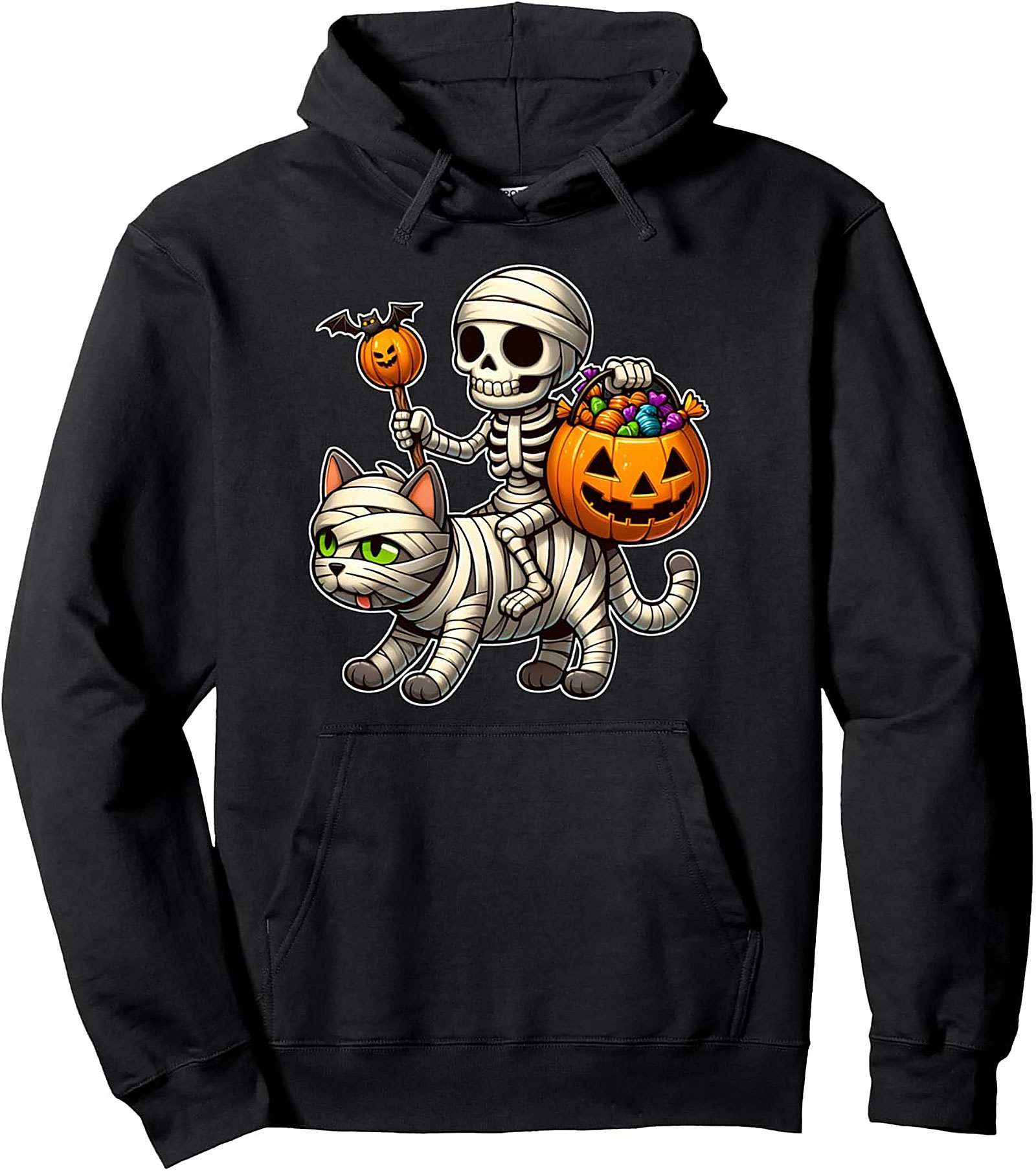 Skeleton Riding Mummy Cat Halloween Pullover Hoodie